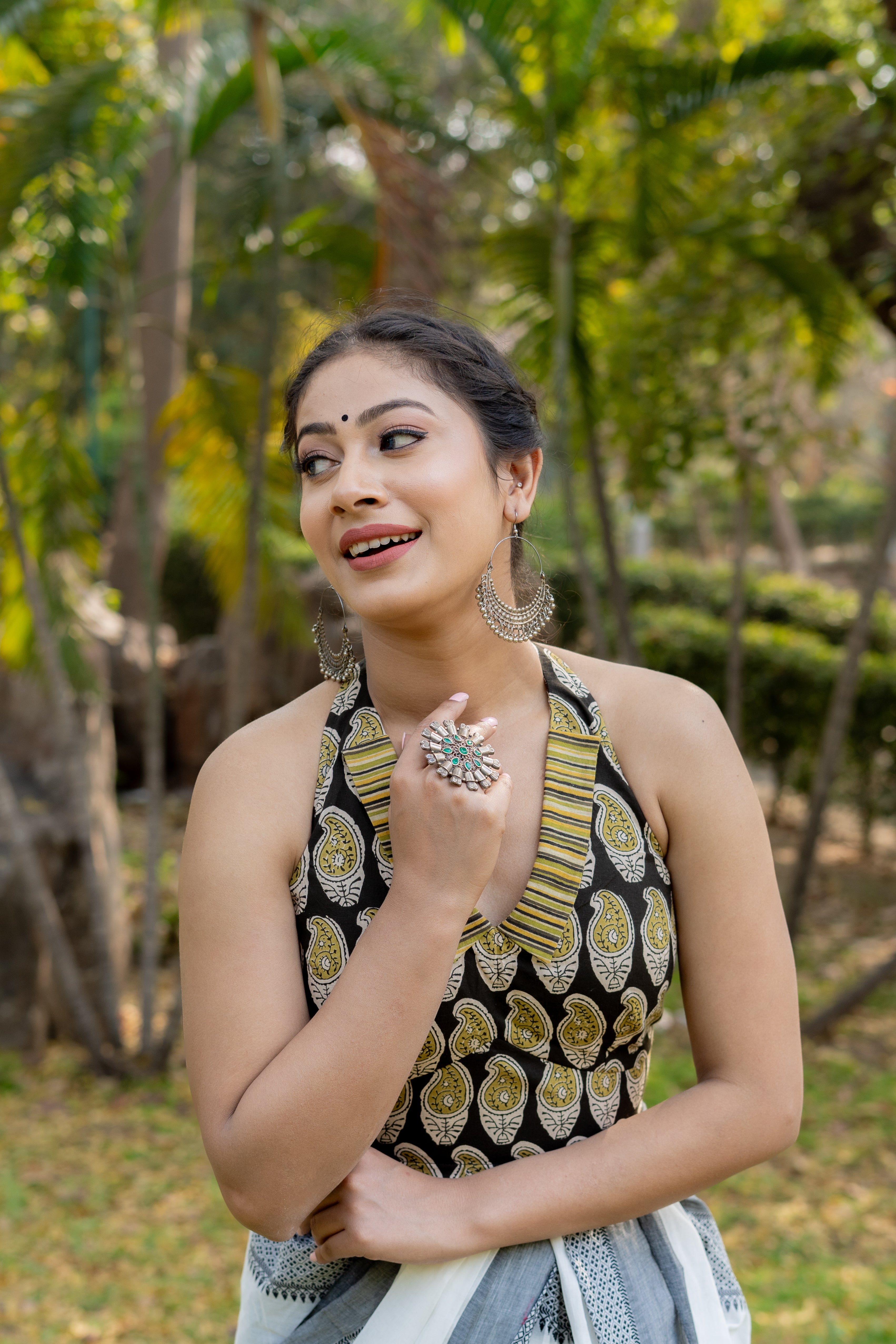 Black and olive bagru handblock print halter neck cotton blouse