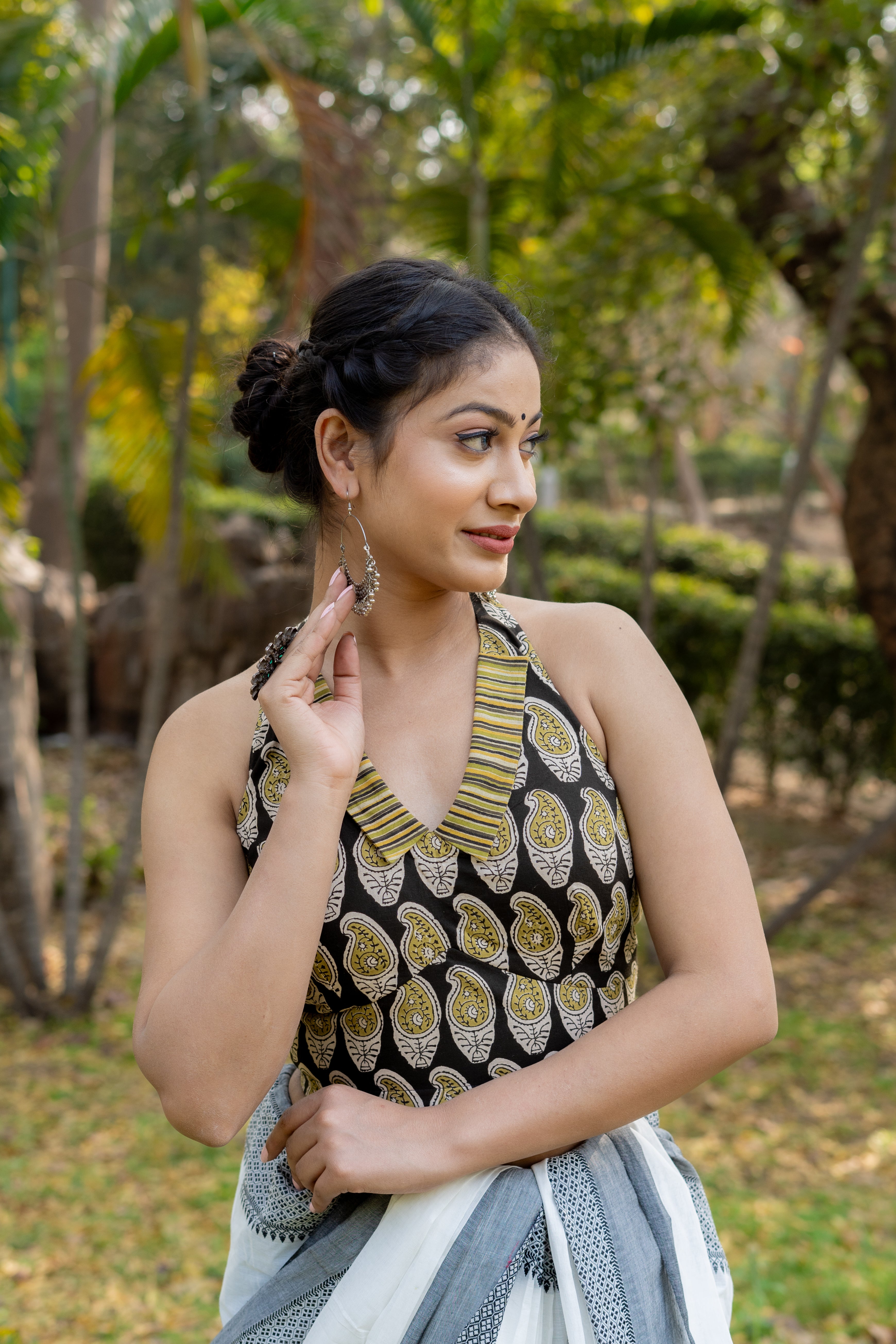 Black and olive bagru handblock print halter neck cotton blouse
