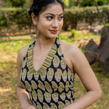 Black and olive bagru handblock print halter neck cotton blouse