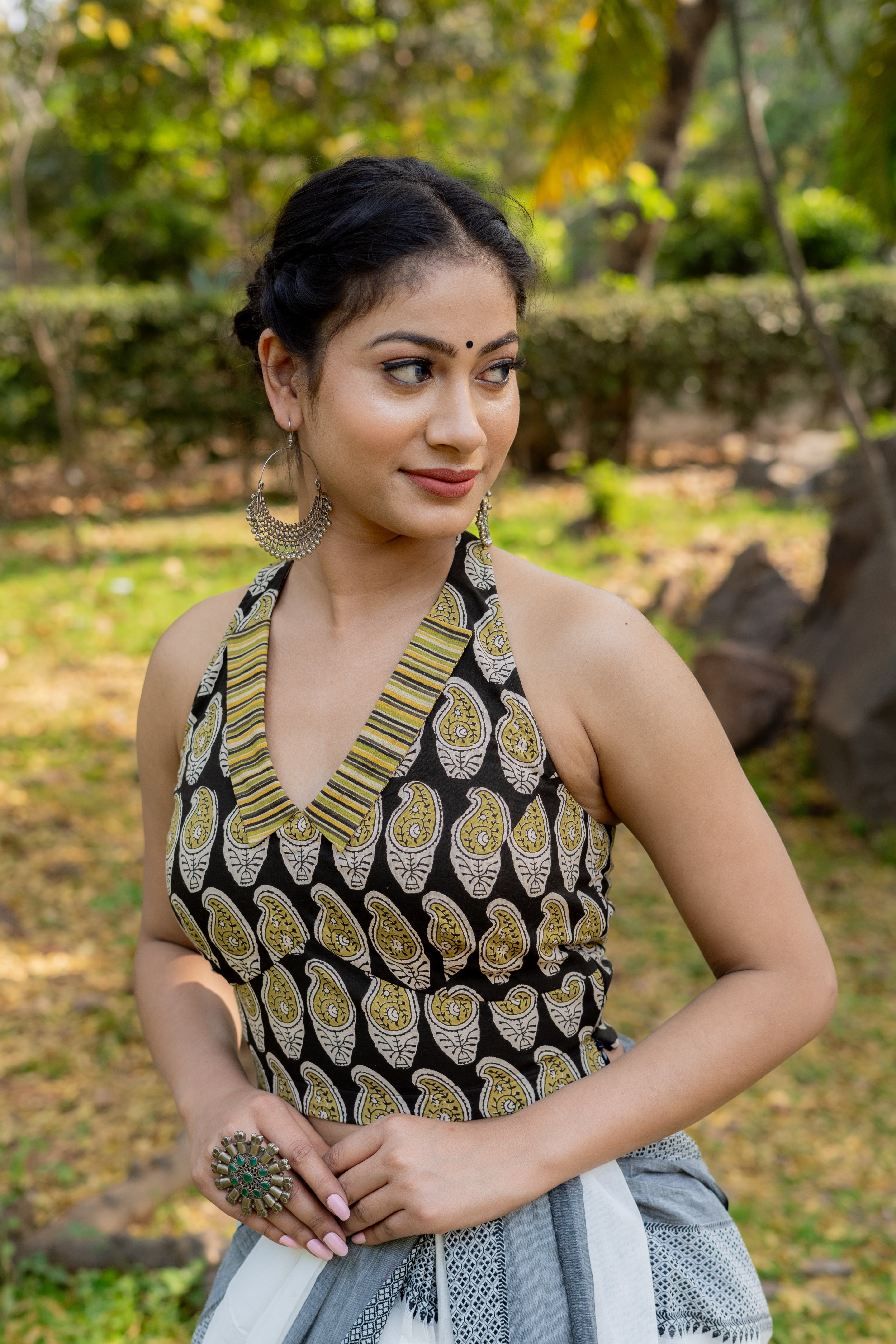 Black and olive bagru handblock print halter neck cotton blouse