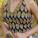 Black and olive bagru handblock print halter neck cotton blouse
