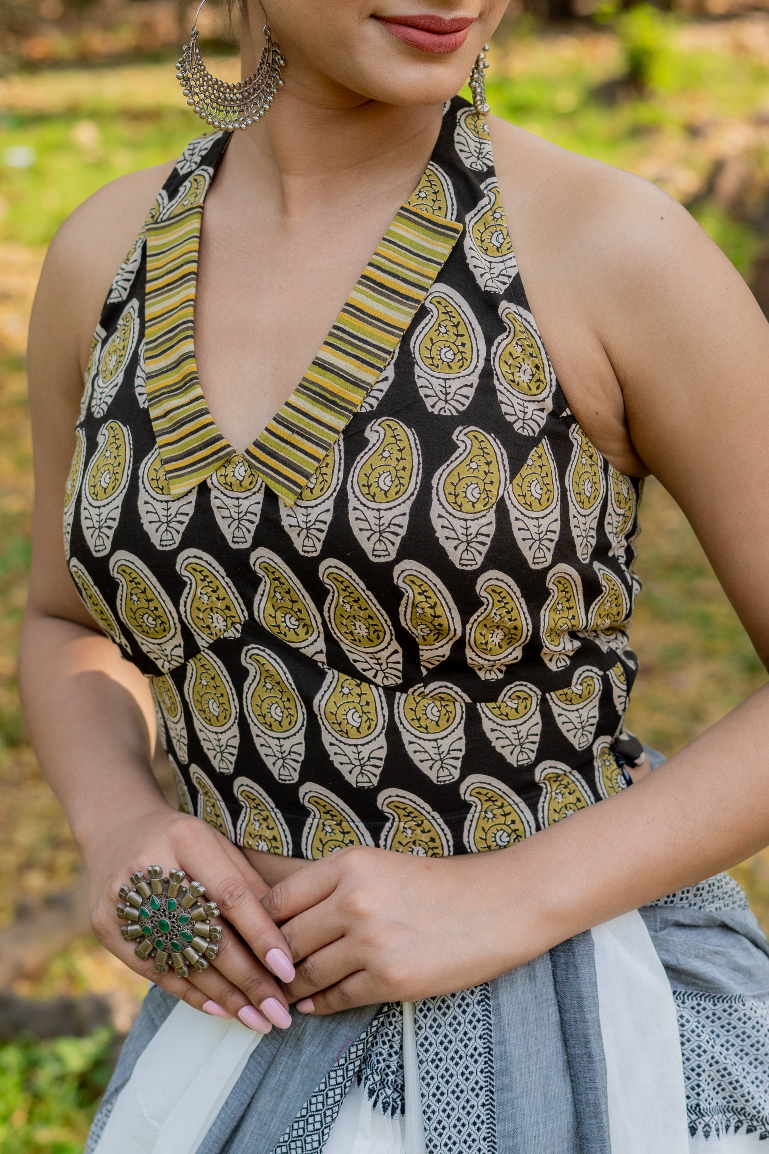 Black and olive bagru handblock print halter neck cotton blouse