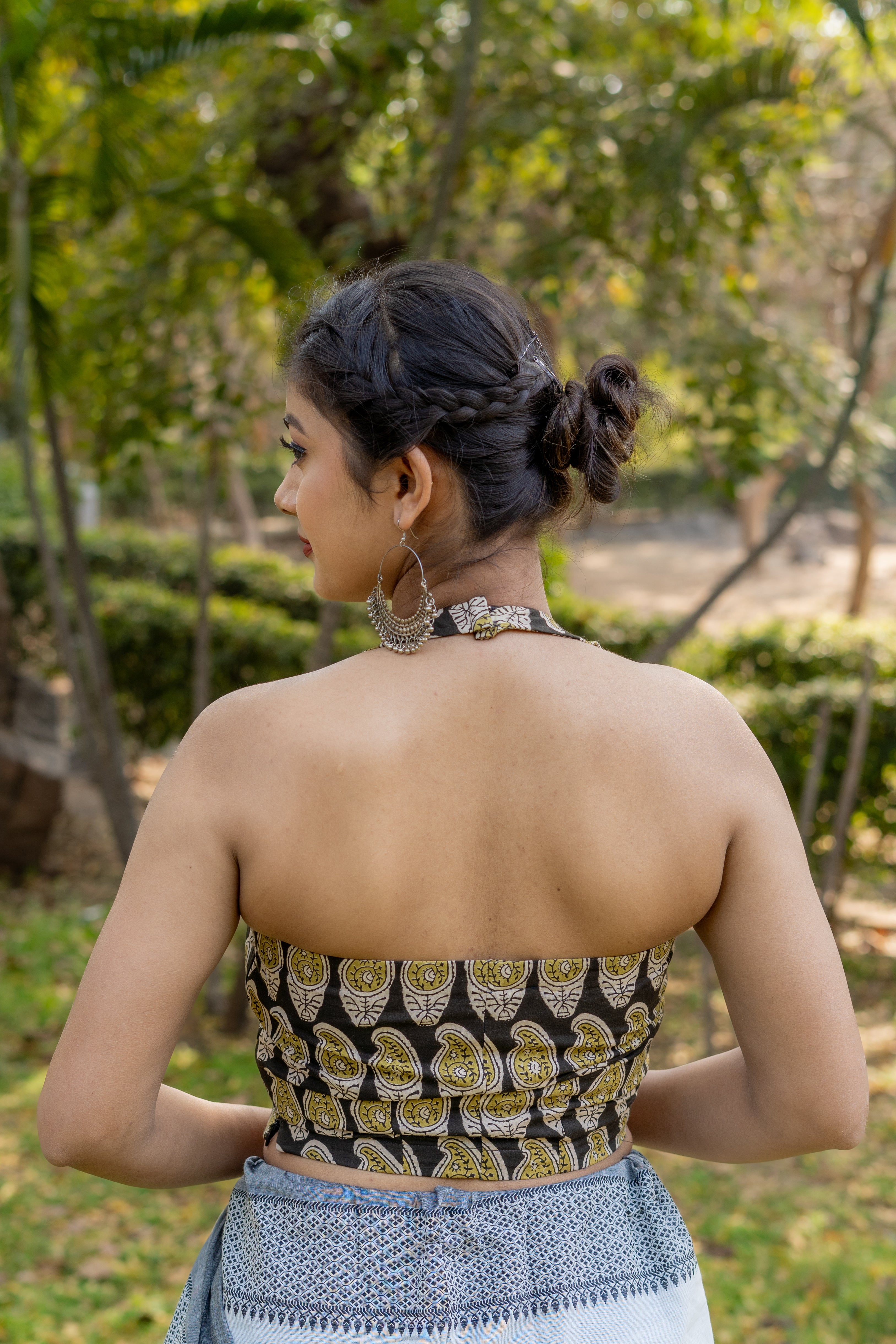 Black and olive bagru handblock print halter neck cotton blouse