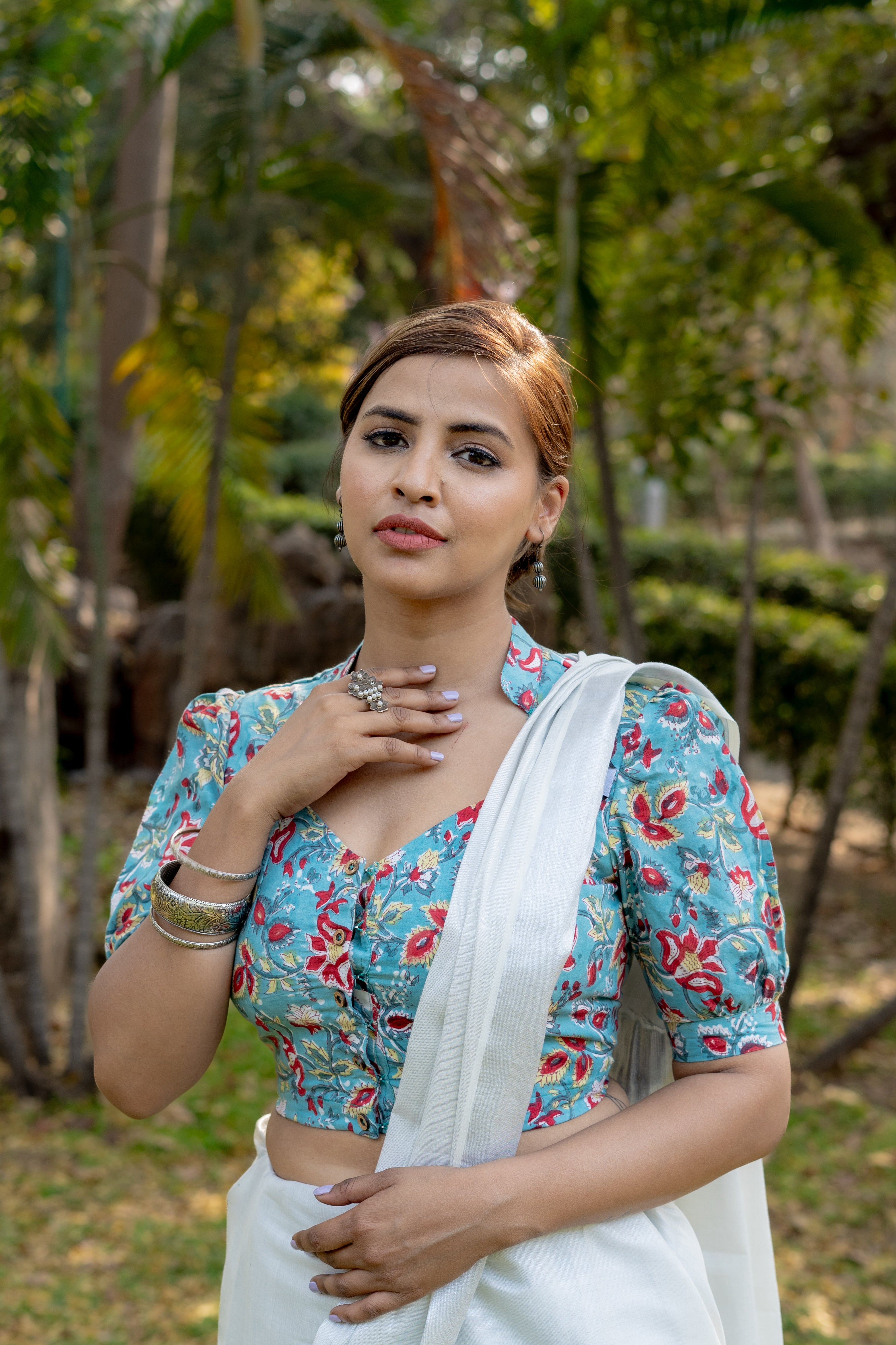 Green with red floral sanganeri handblock print cotton blouse with sleeves