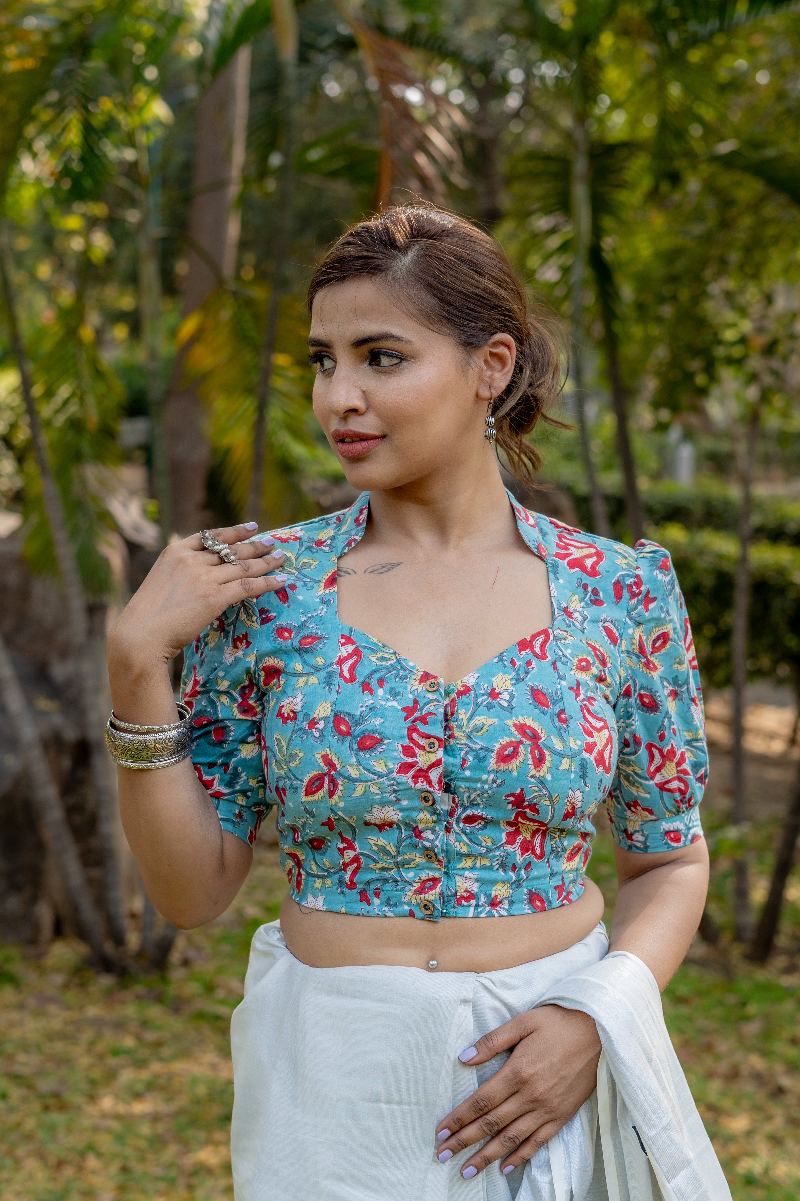 Green with red floral sanganeri handblock print cotton blouse with sleeves