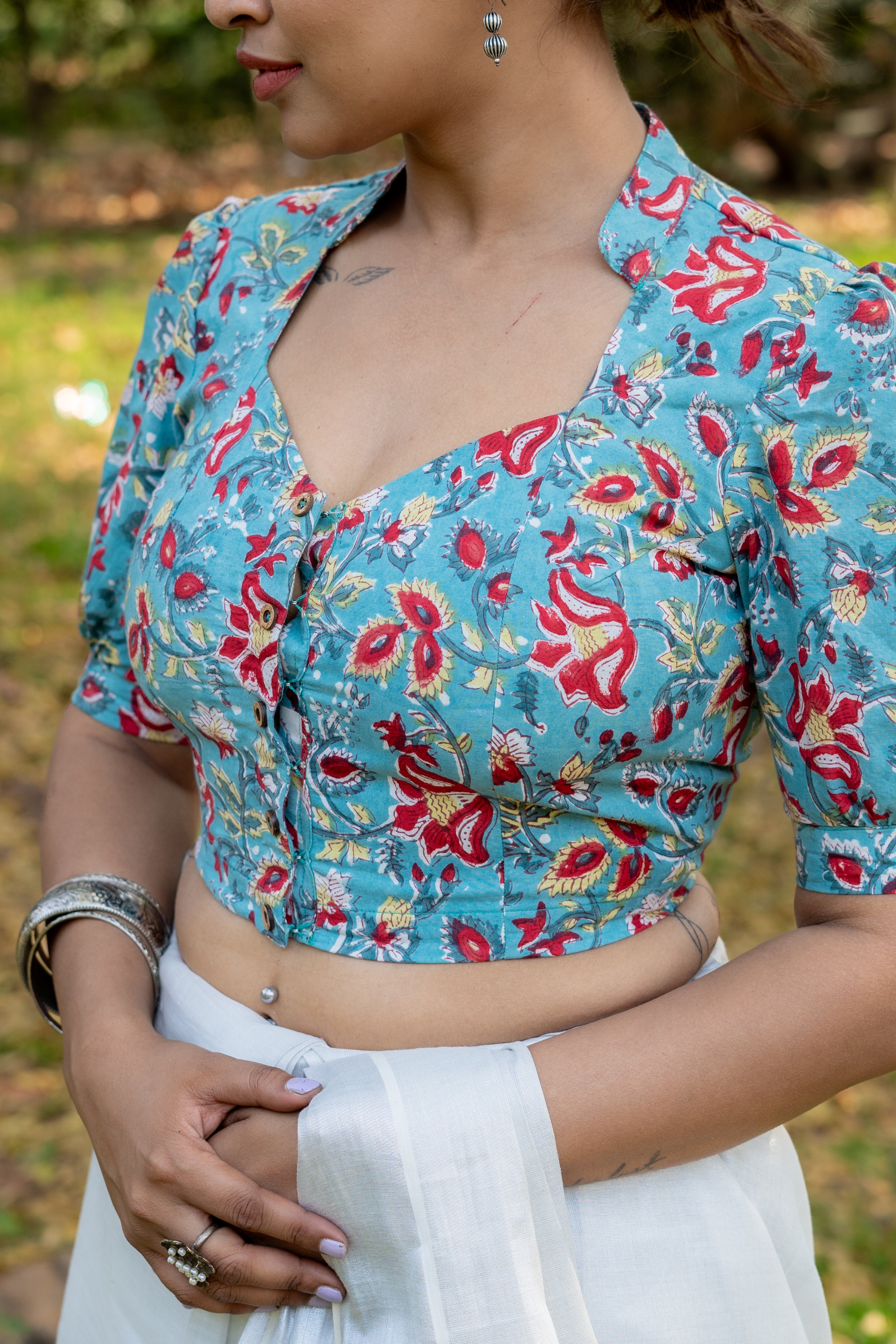 Green with red floral sanganeri handblock print cotton blouse with sleeves
