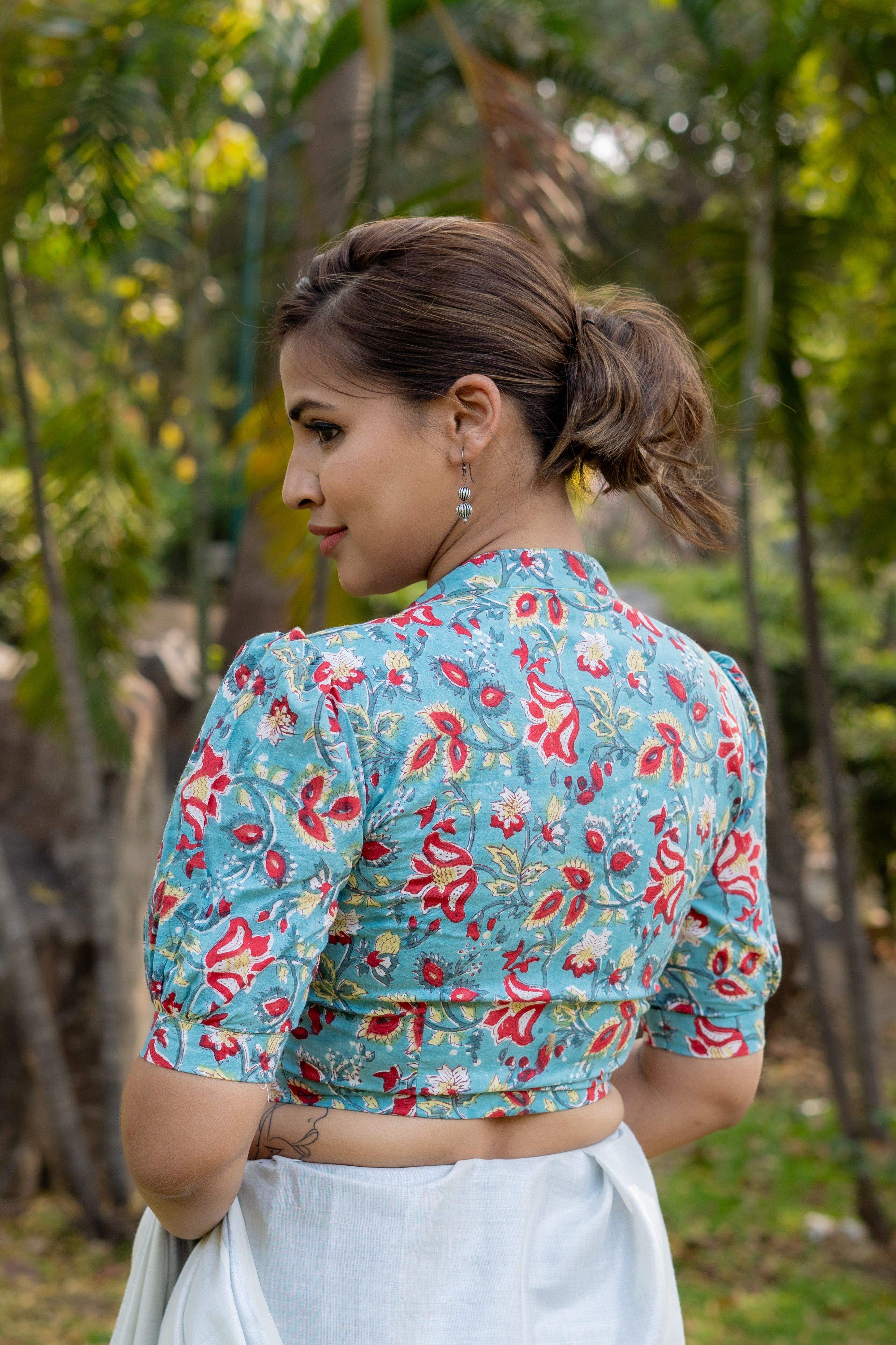 Green with red floral sanganeri handblock print cotton blouse with sleeves