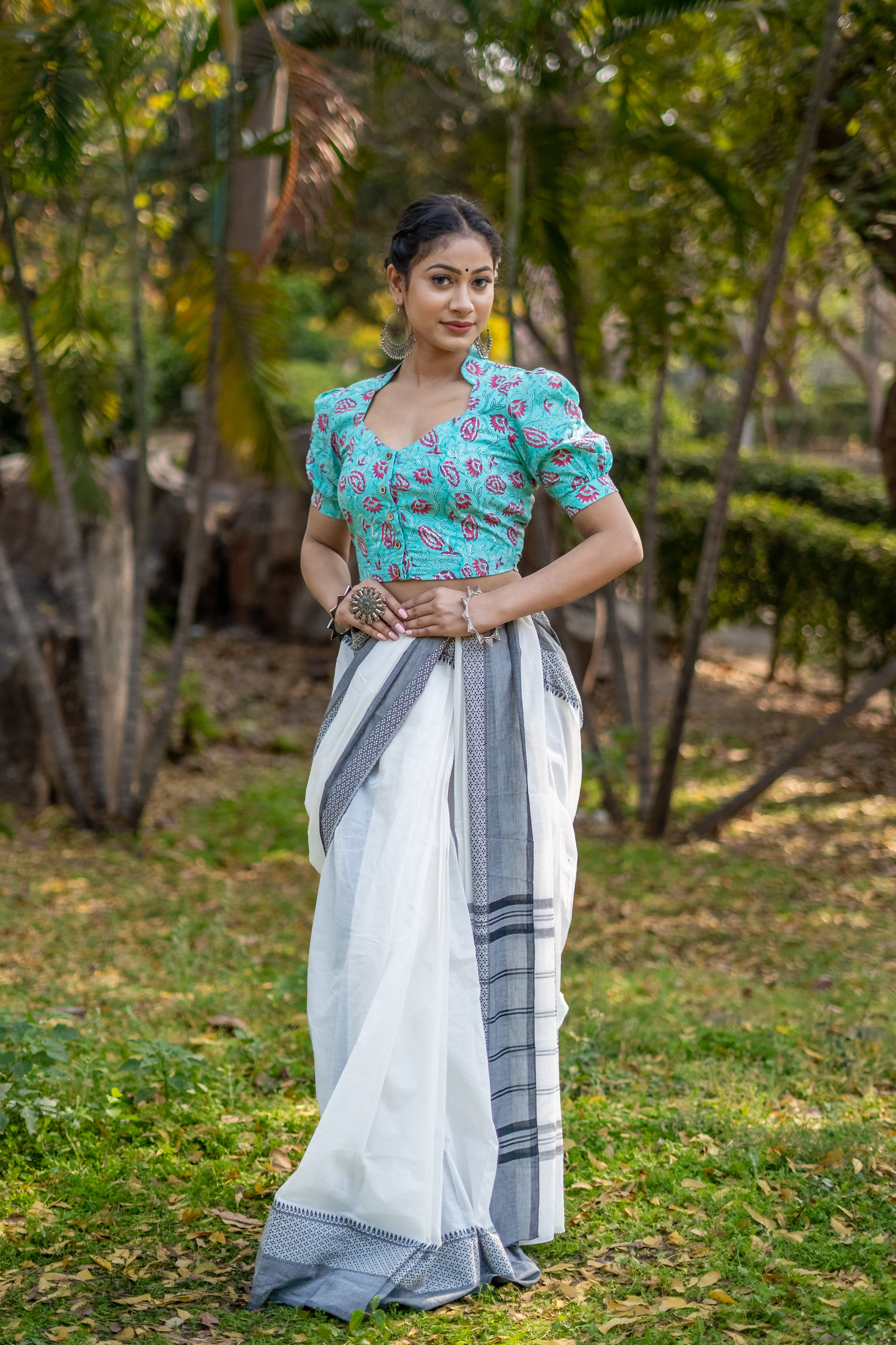 Blue sanganeri handblock print with pink flower cotton blouse with sleeves