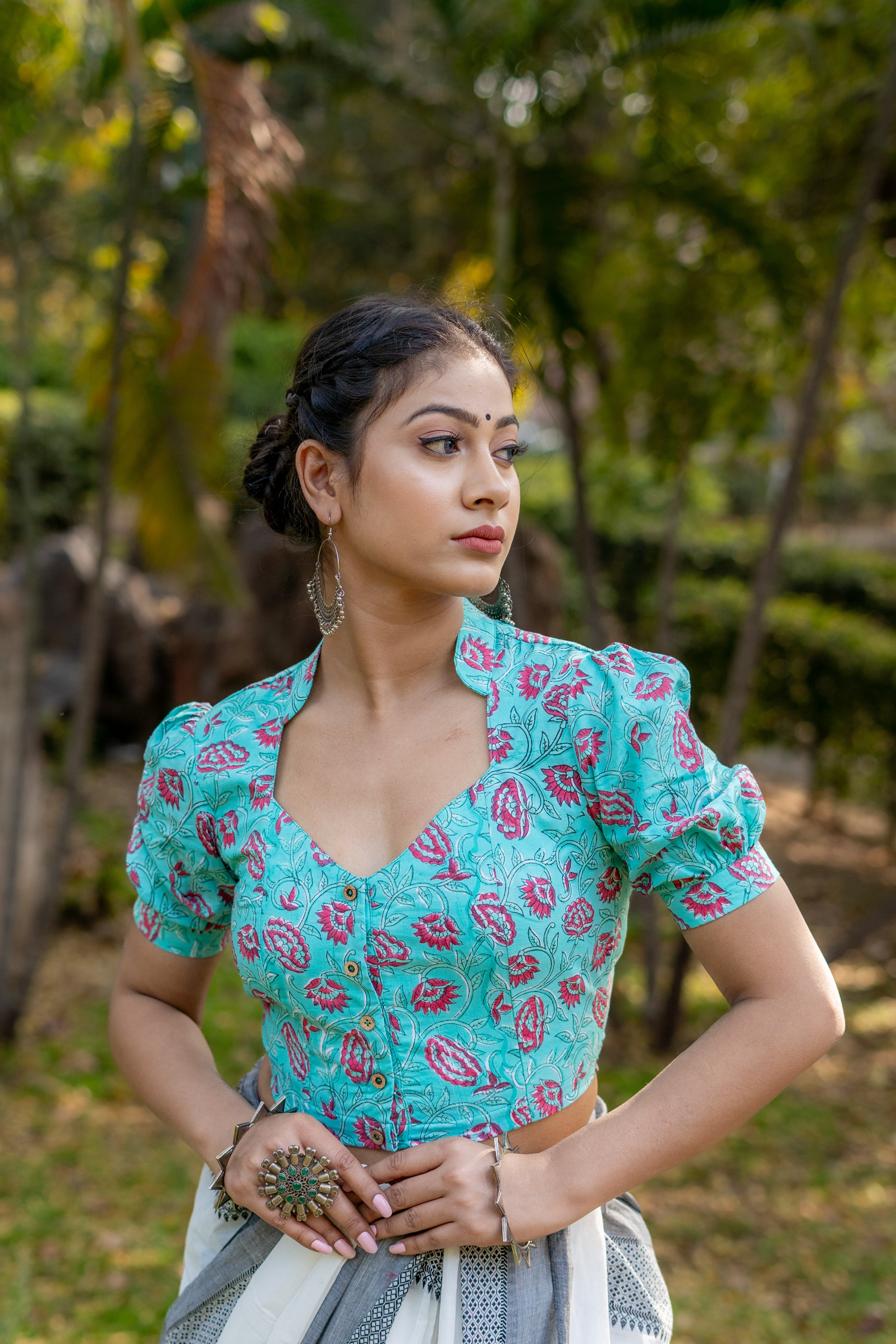 Blue sanganeri handblock print with pink flower cotton blouse with sleeves