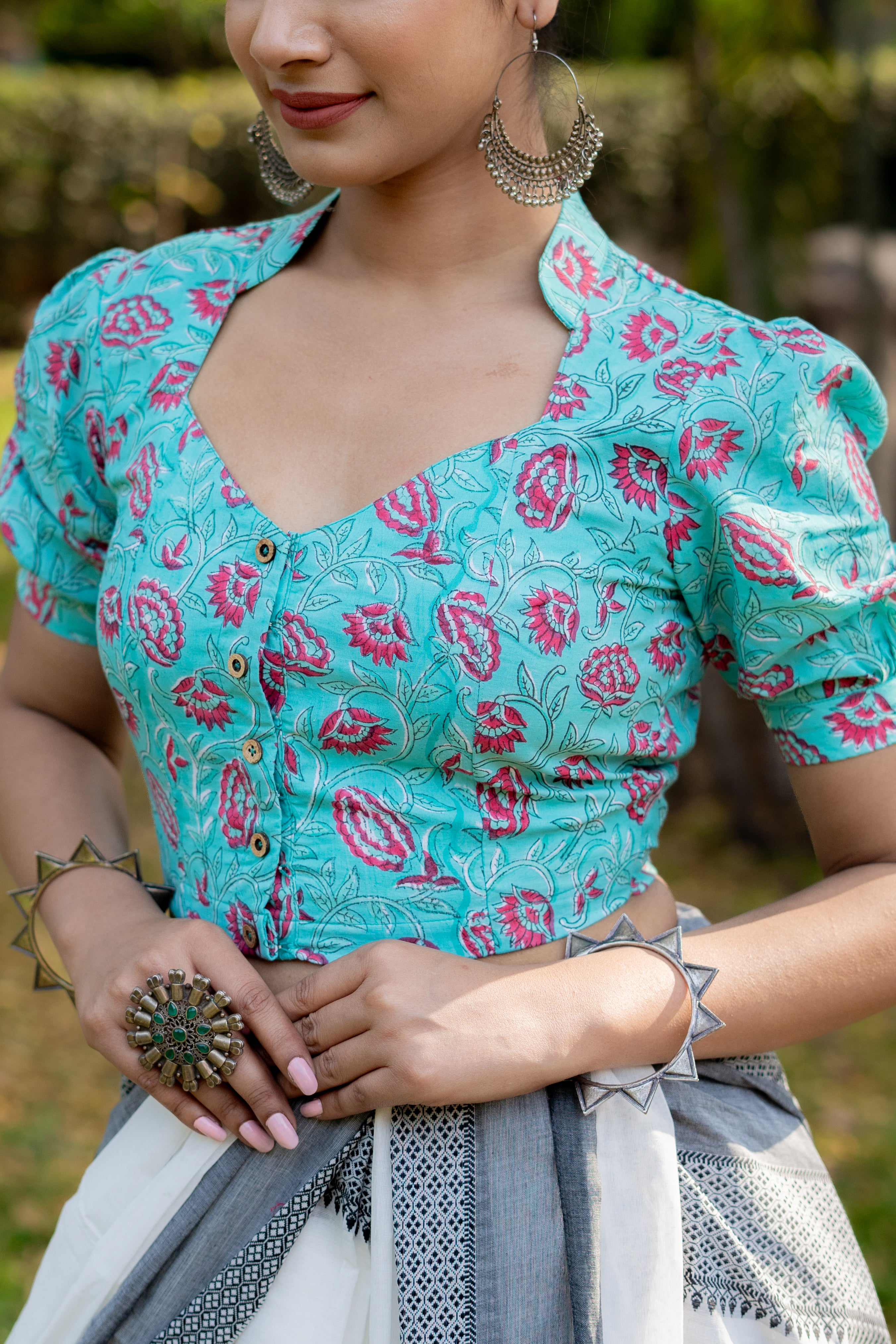 Blue sanganeri handblock print with pink flower cotton blouse with sleeves