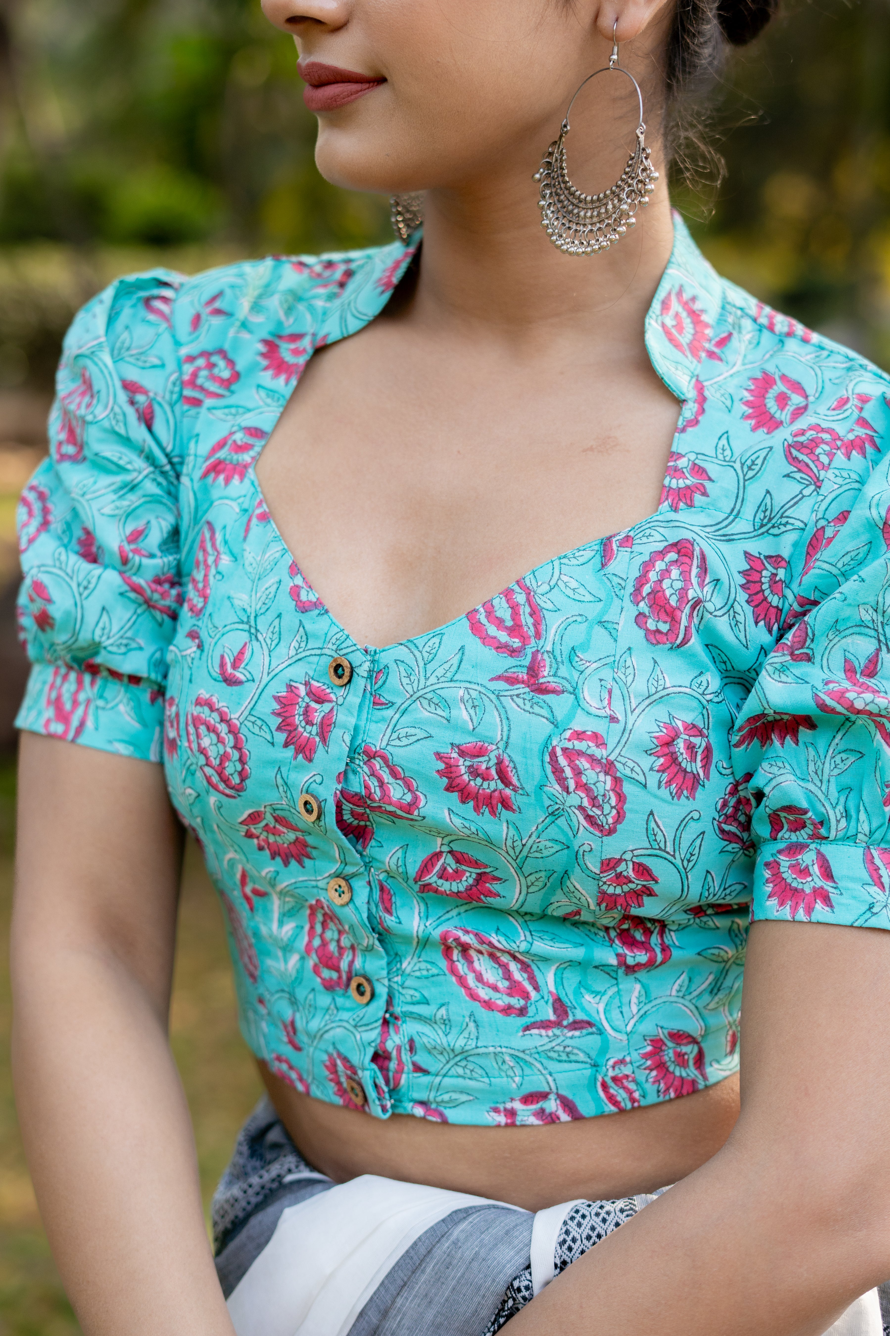 Blue sanganeri handblock print with pink flower cotton blouse with sleeves