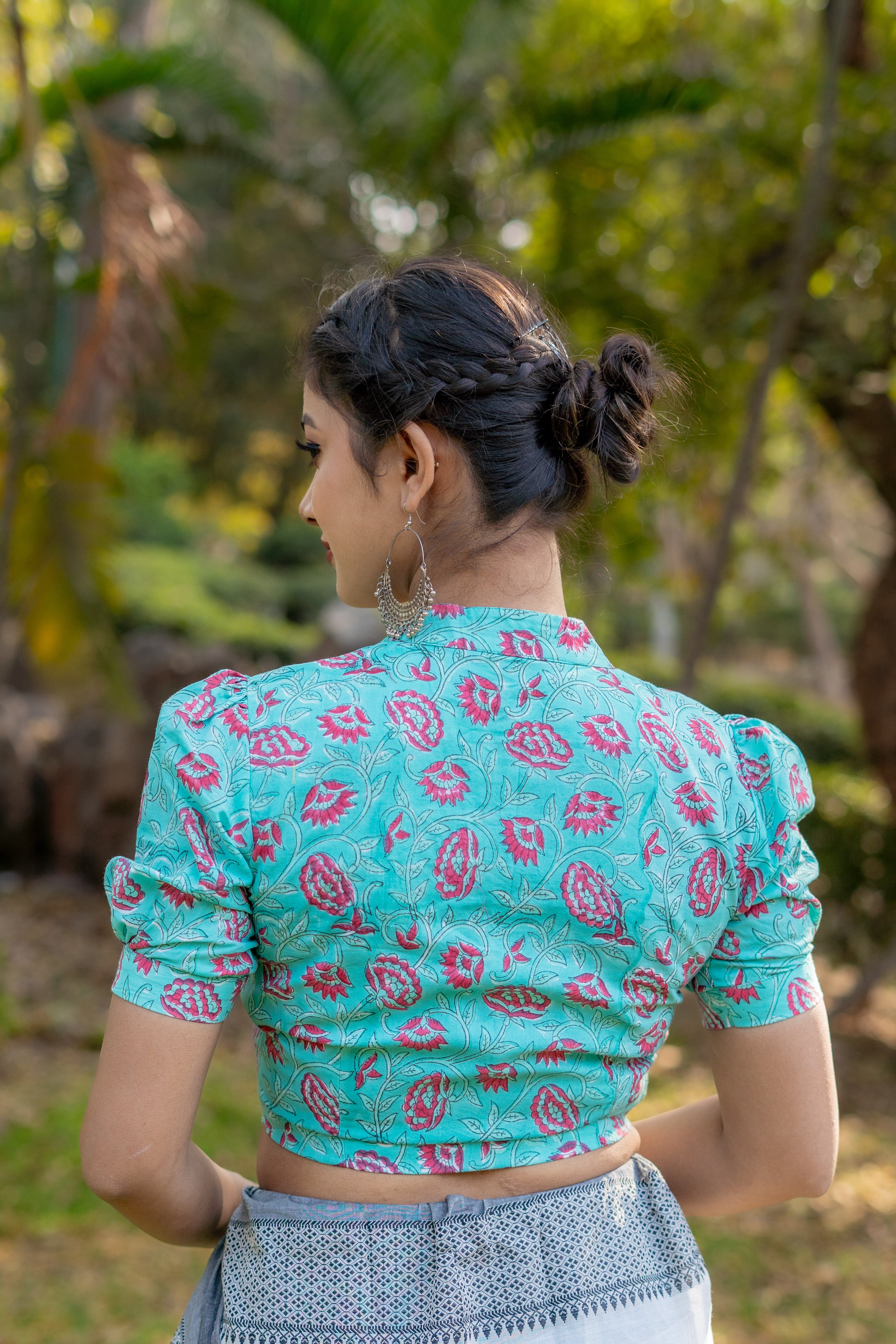 Blue sanganeri handblock print with pink flower cotton blouse with sleeves