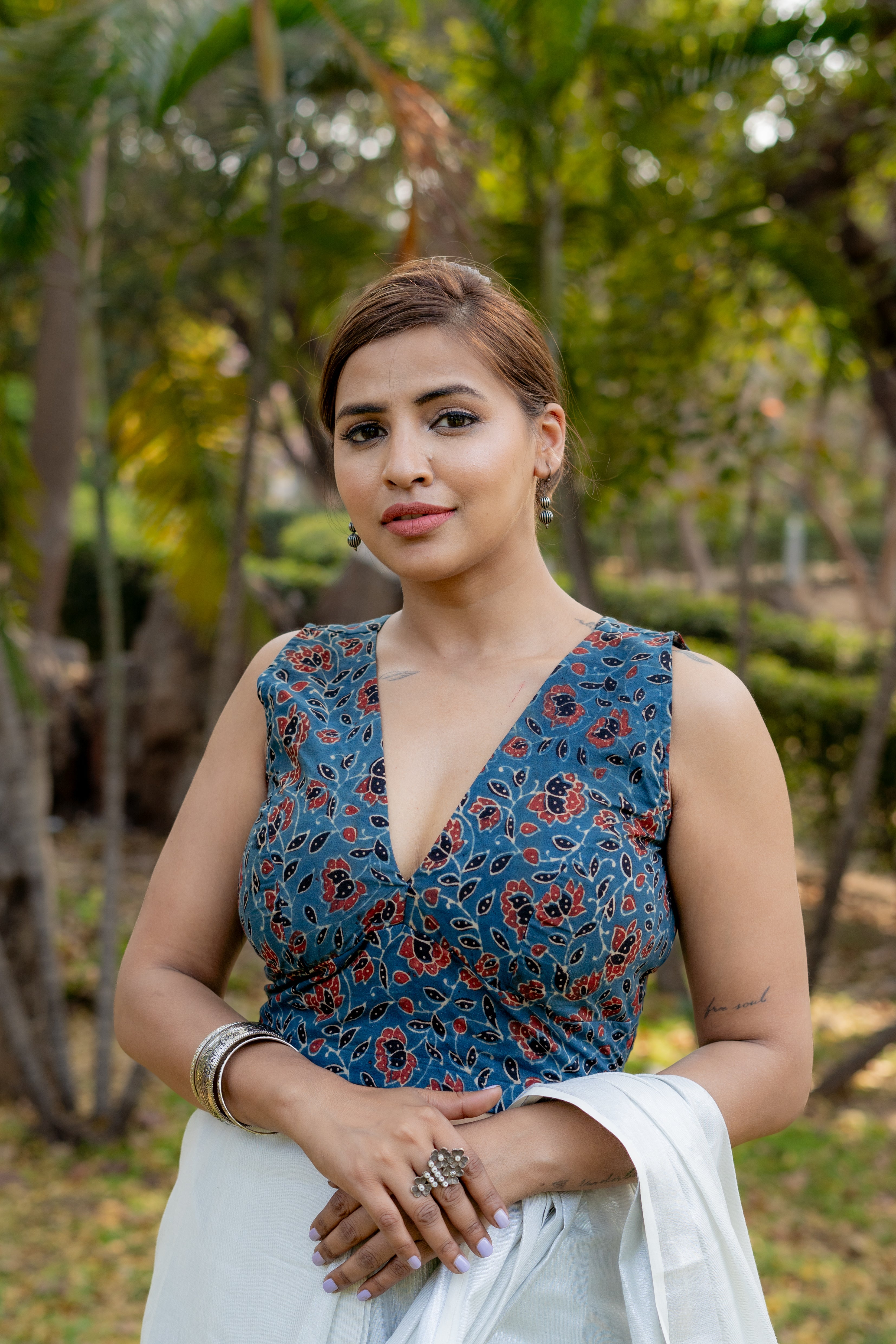 Indigo ajrakh handblock print sleeveless cotton blouse