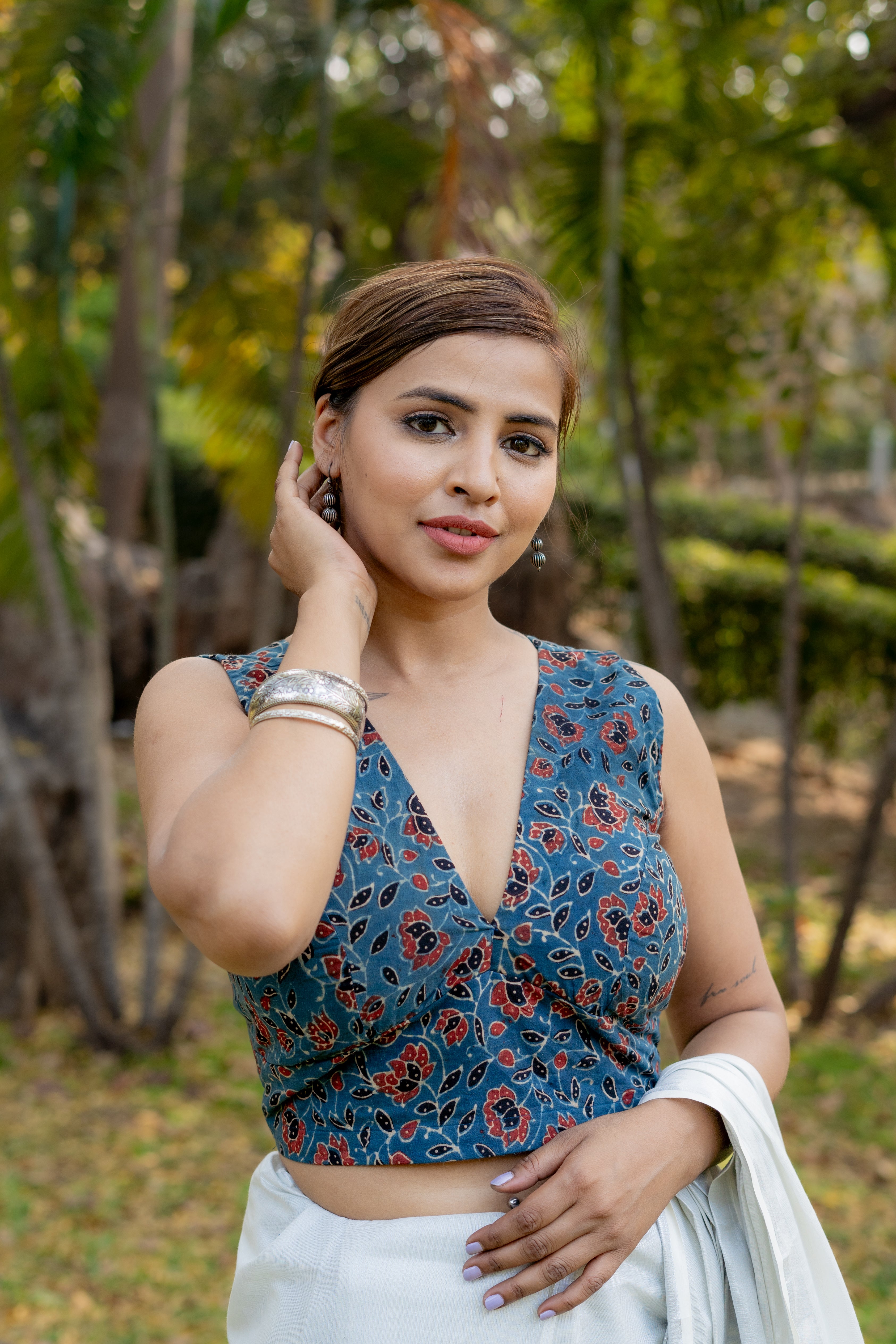 Indigo ajrakh handblock print sleeveless cotton blouse