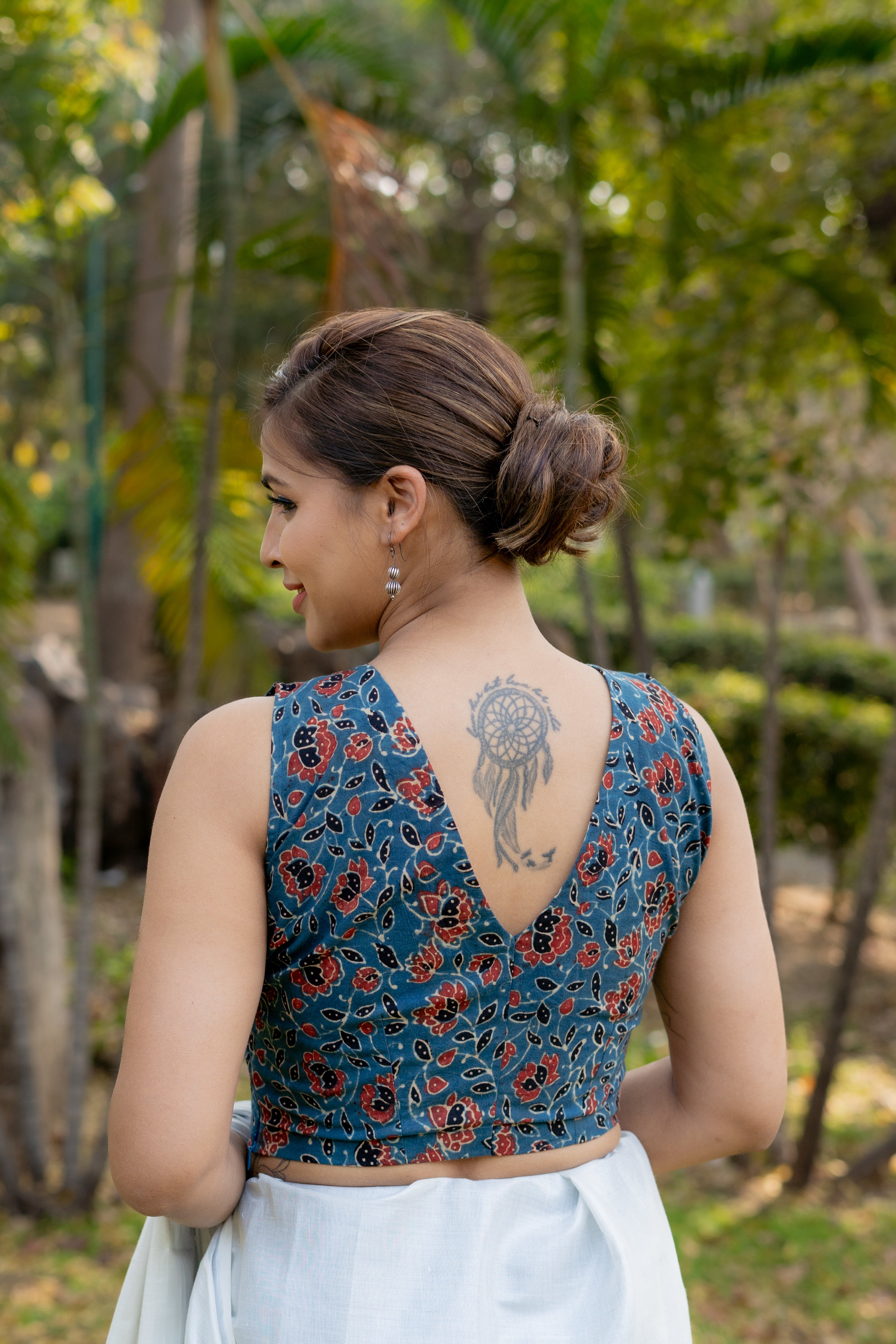 Indigo ajrakh handblock print sleeveless cotton blouse