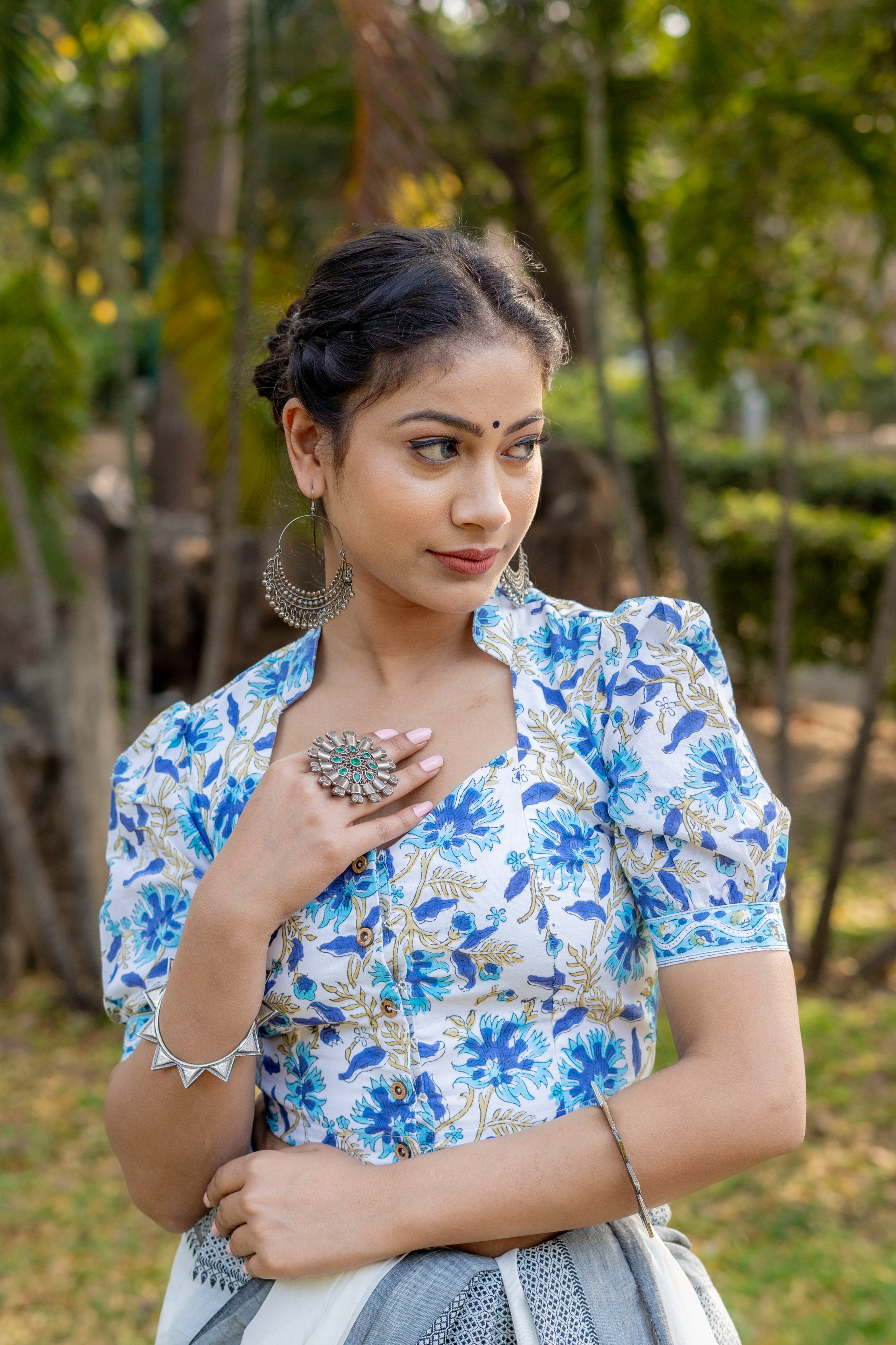 White cotton blouse witg blue handblock flowers