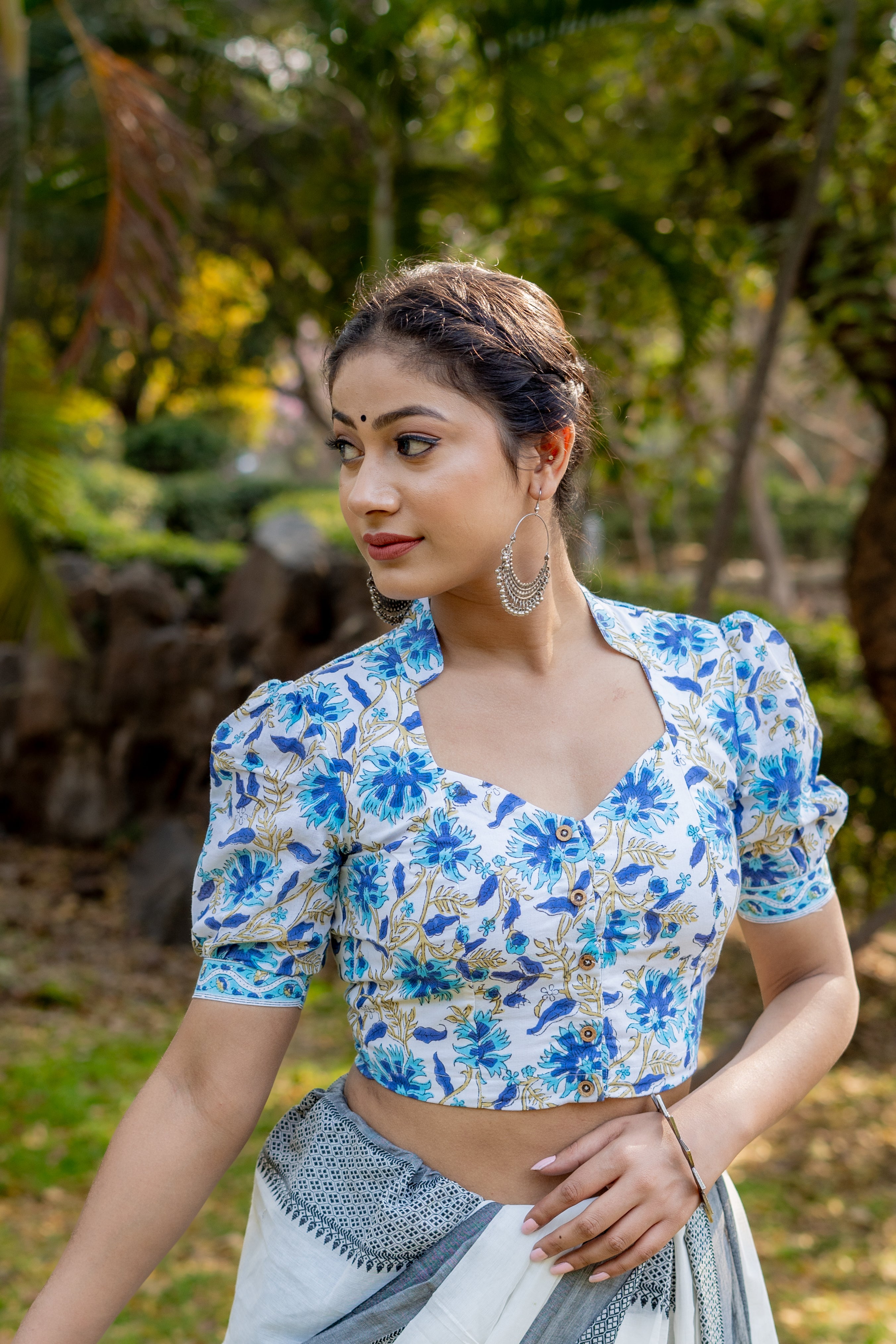 White cotton blouse witg blue handblock flowers