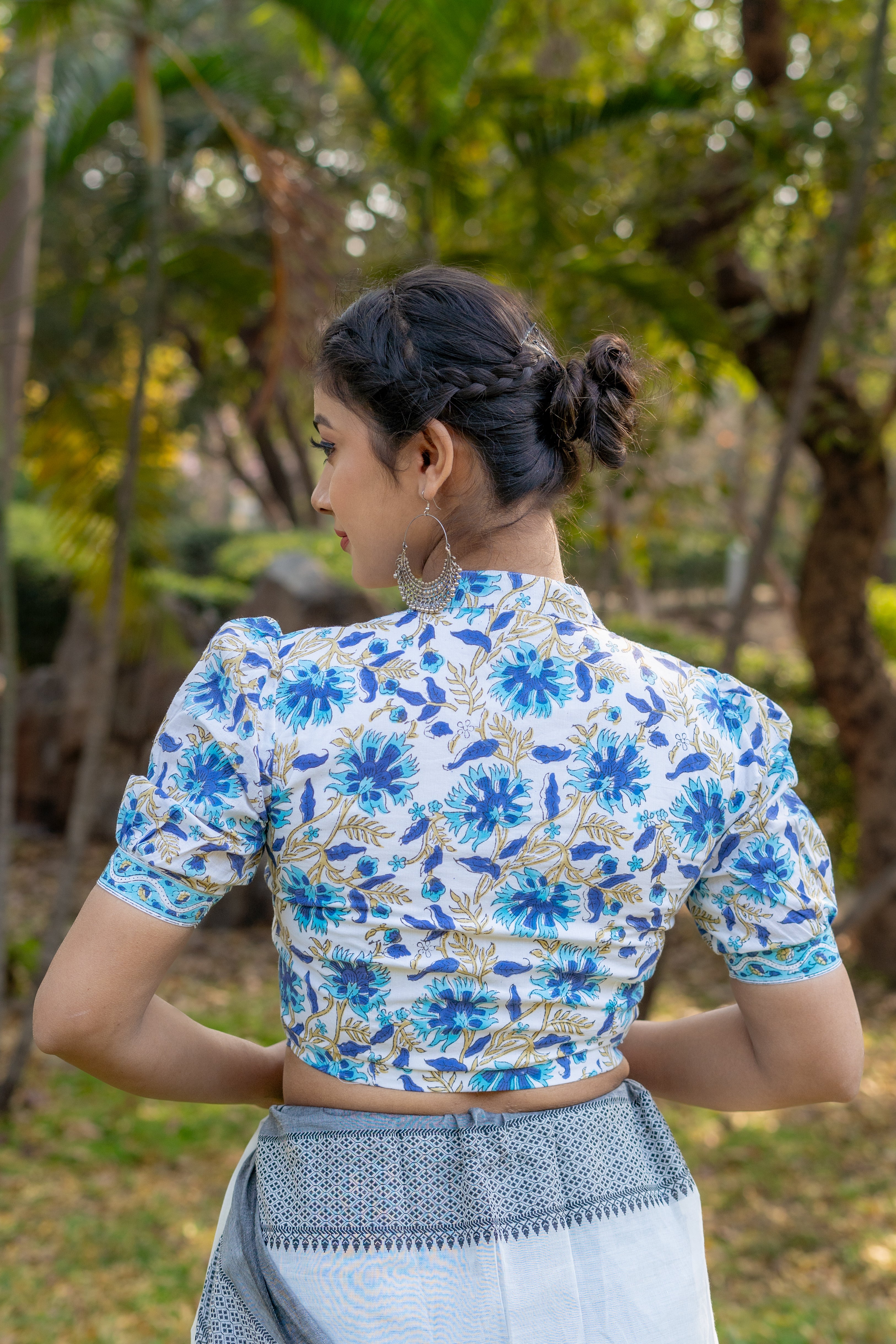 White cotton blouse witg blue handblock flowers