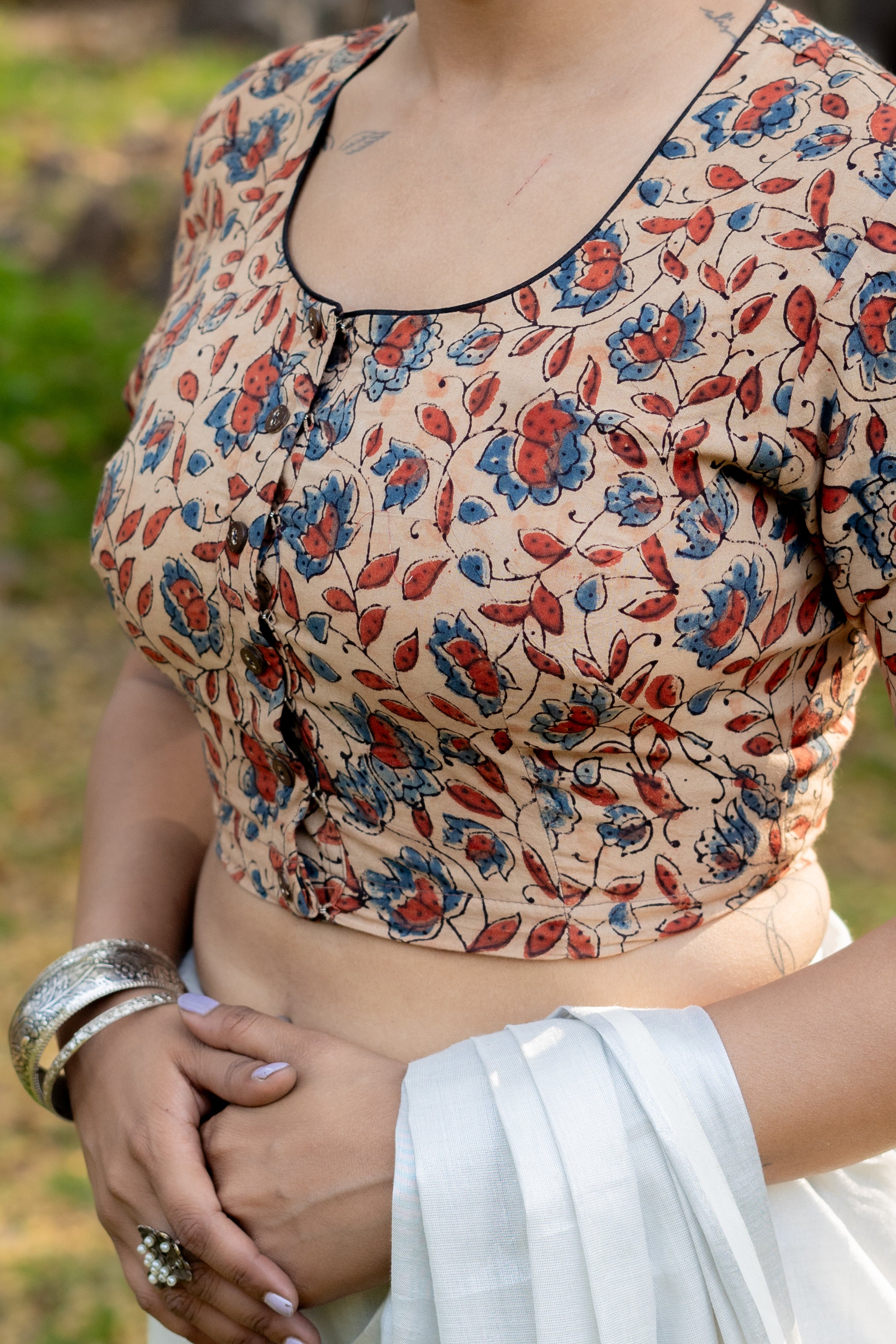 Off white ajrkah handblock print round neck cotton blouse with sleeves