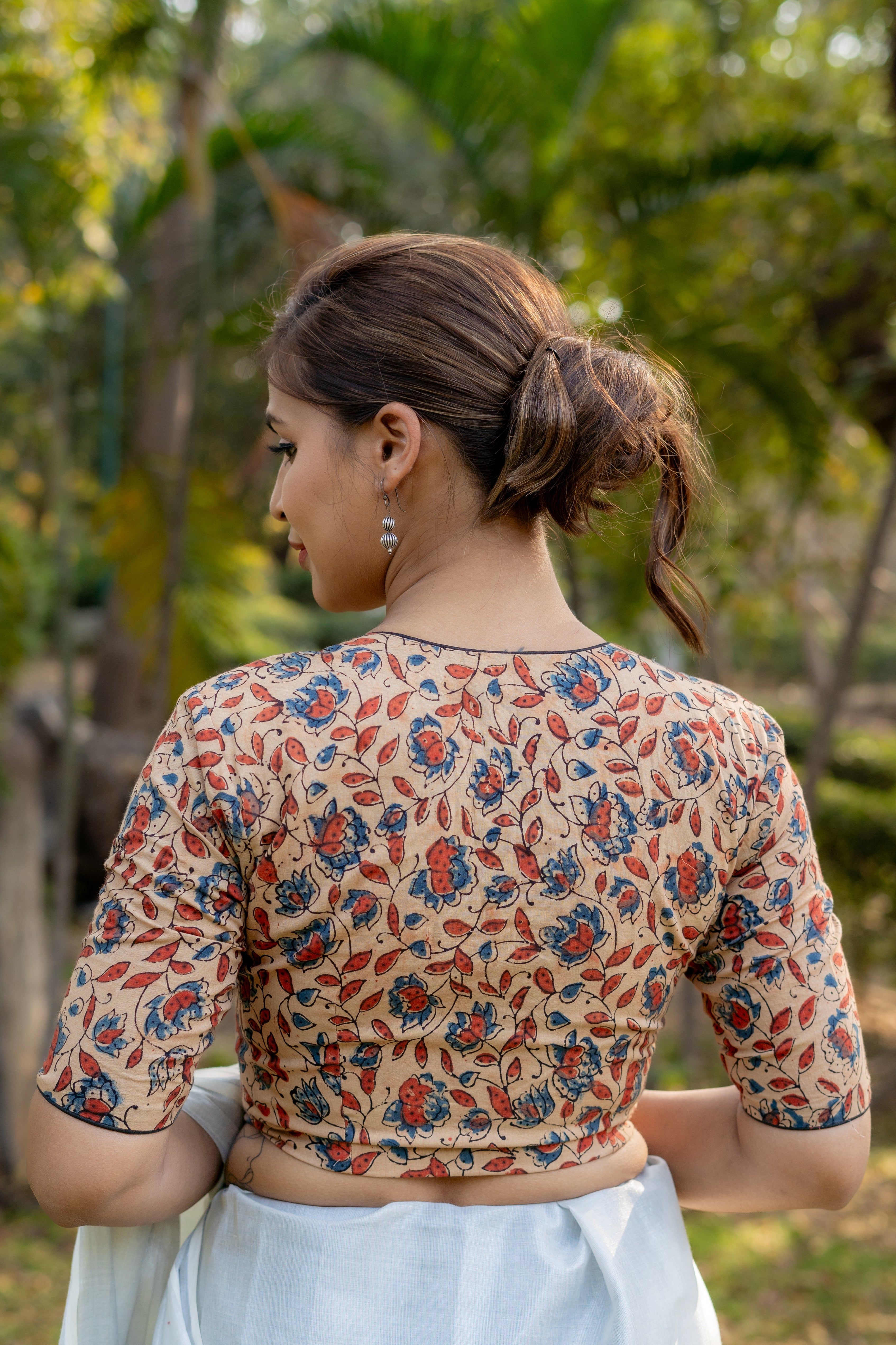 Off white ajrkah handblock print round neck cotton blouse with sleeves