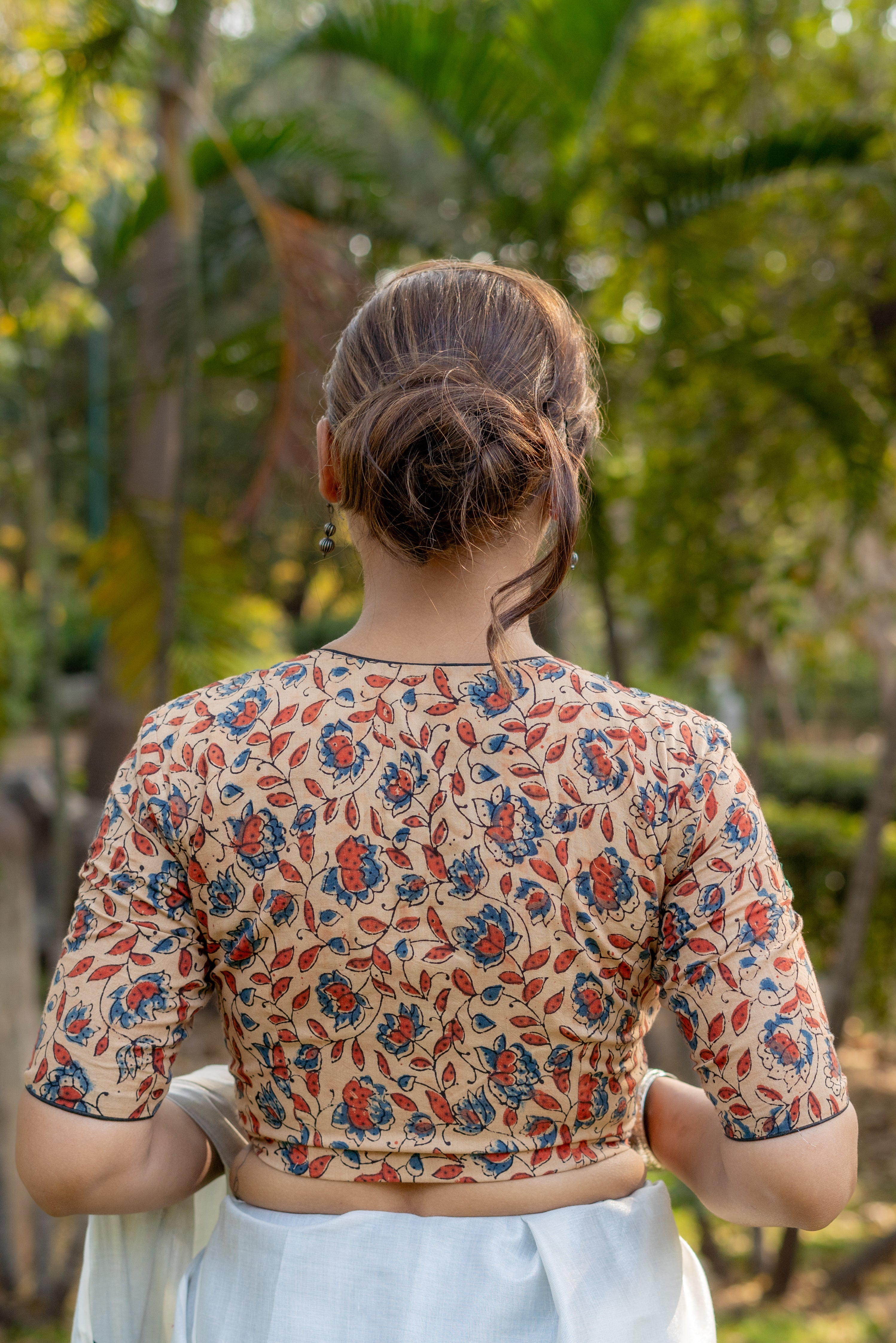 Off white ajrkah handblock print round neck cotton blouse with sleeves