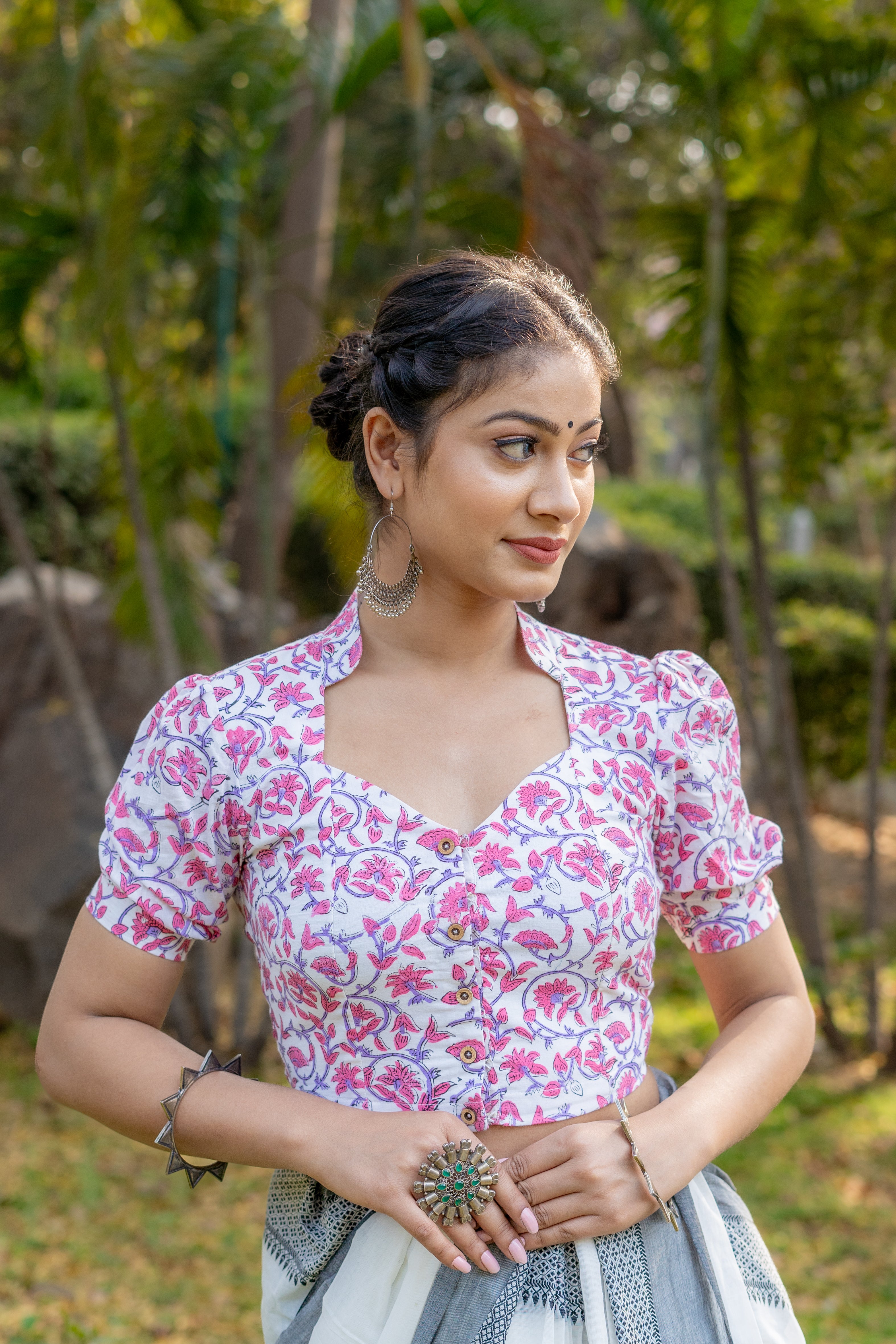 White cotton blouse withe pink floral handblock flowers