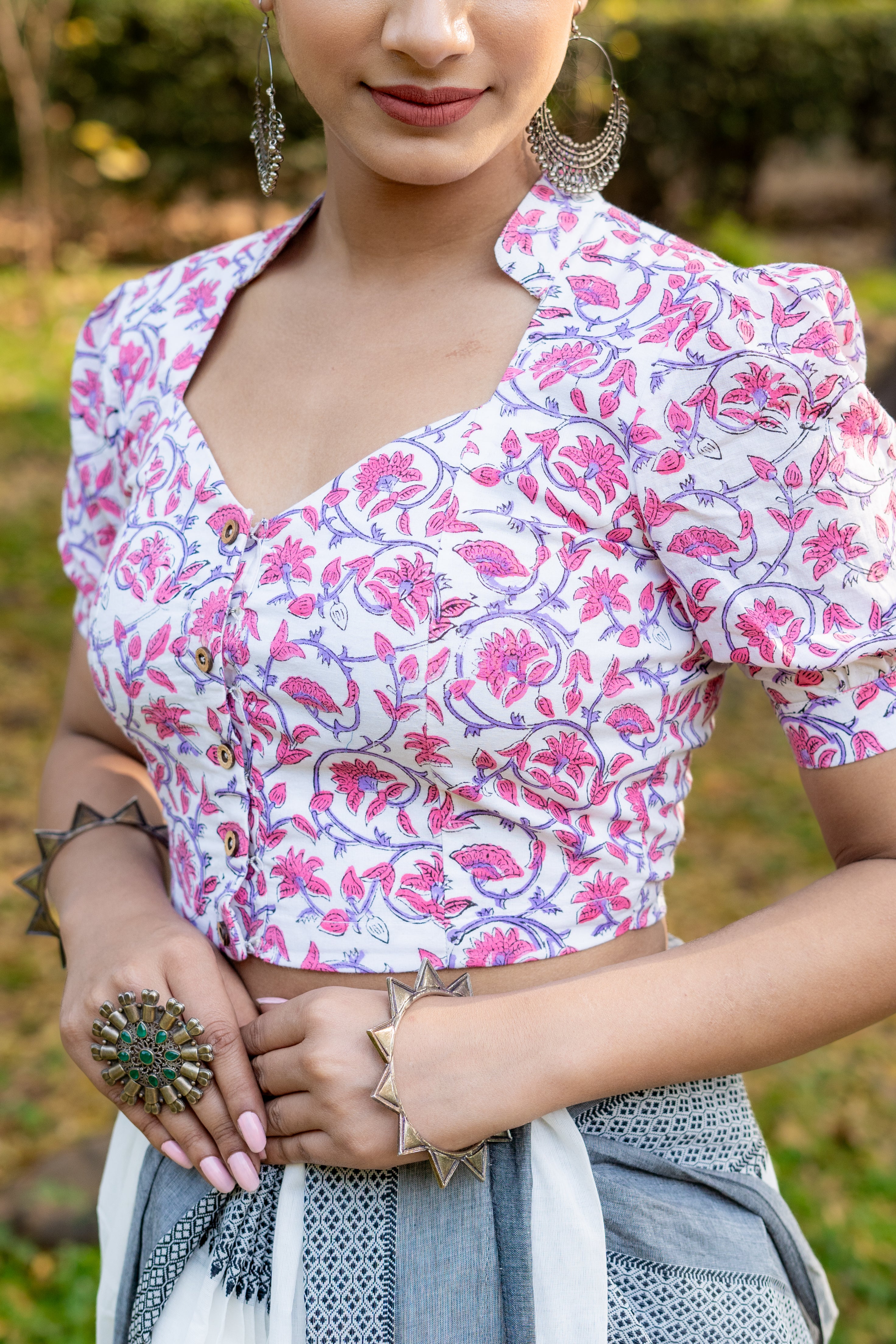White cotton blouse withe pink floral handblock flowers
