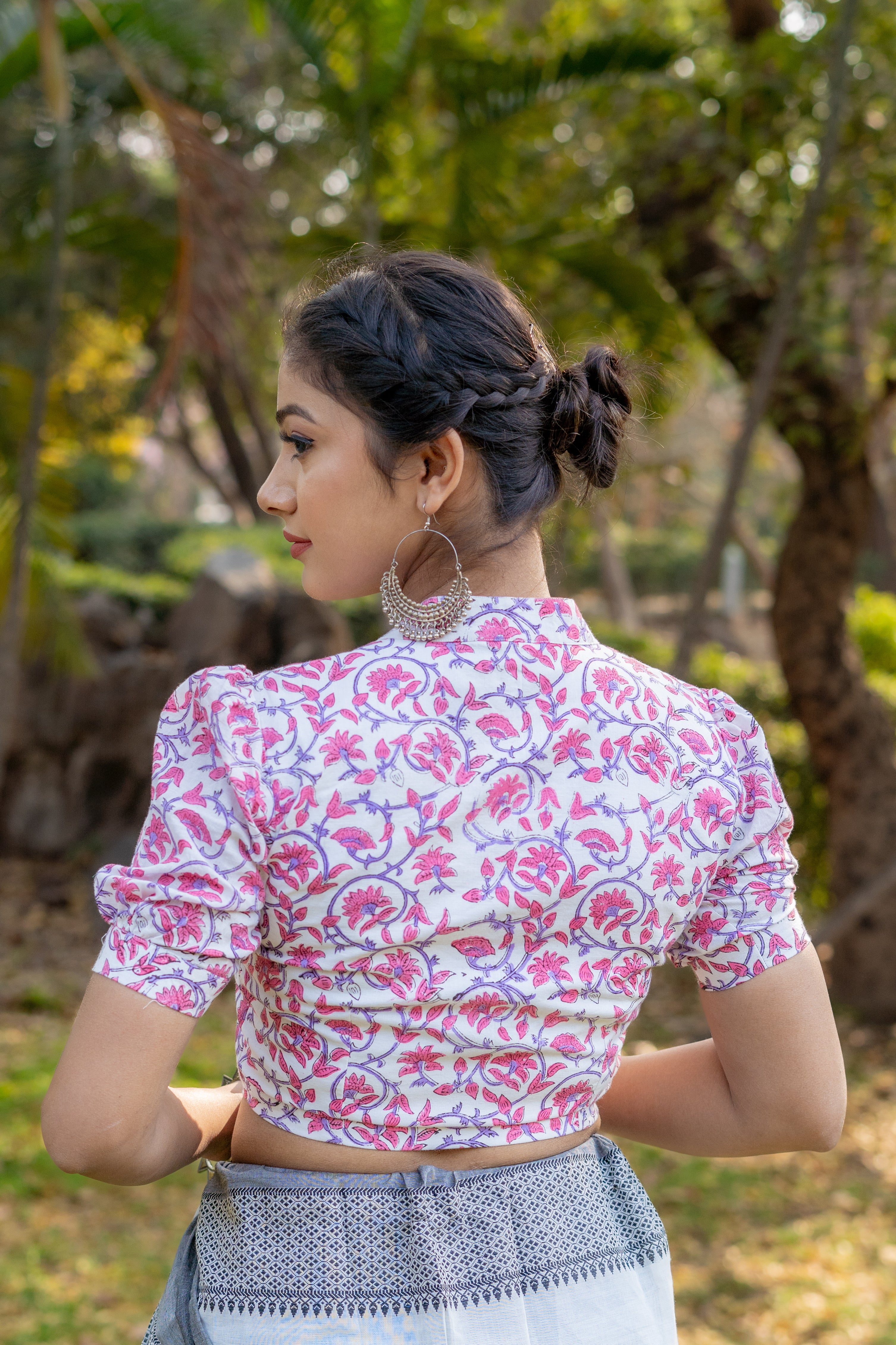 White cotton blouse withe pink floral handblock flowers