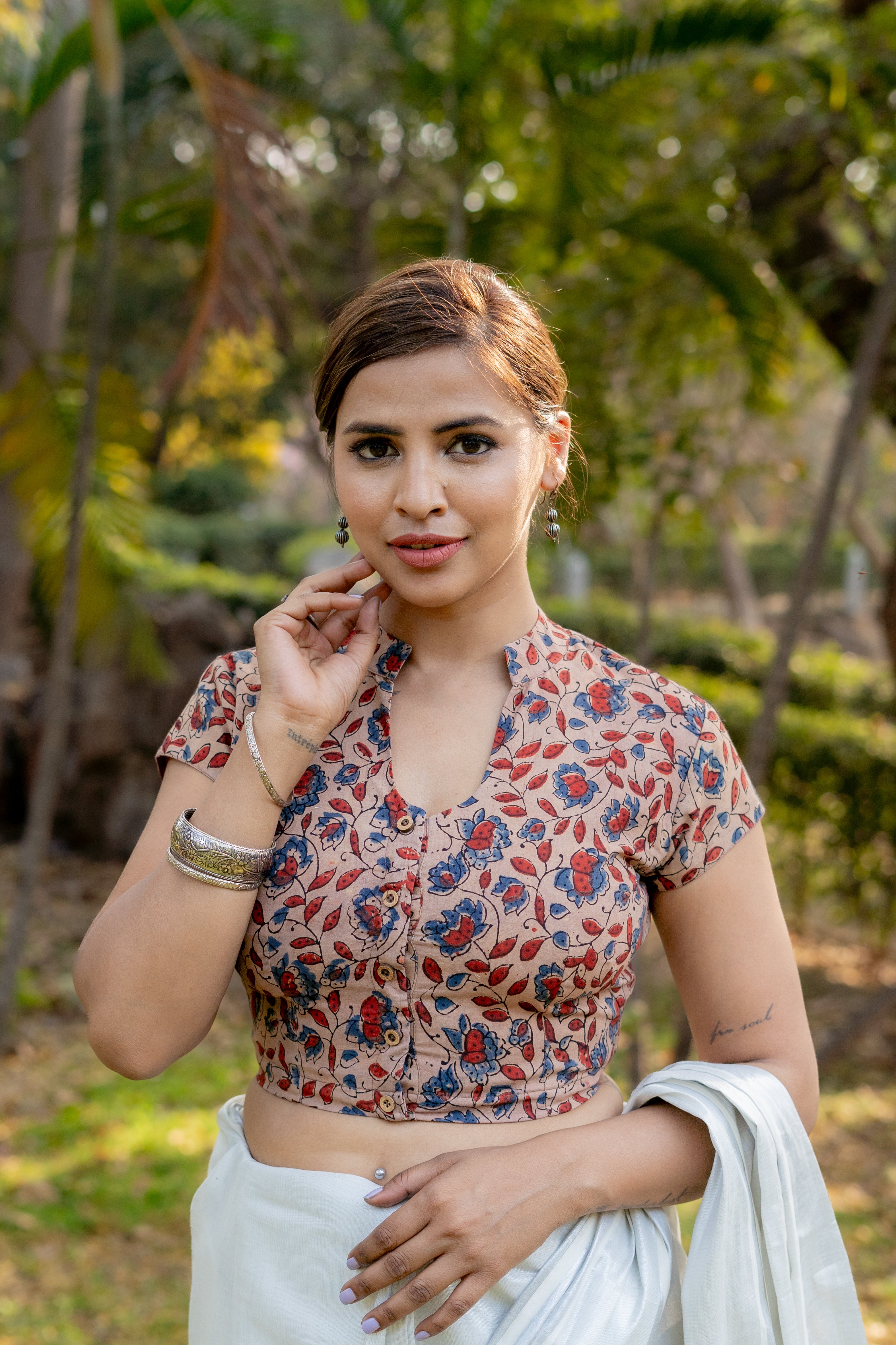 Off white ajrkah handblock print U neck cotton blouse with sleeves