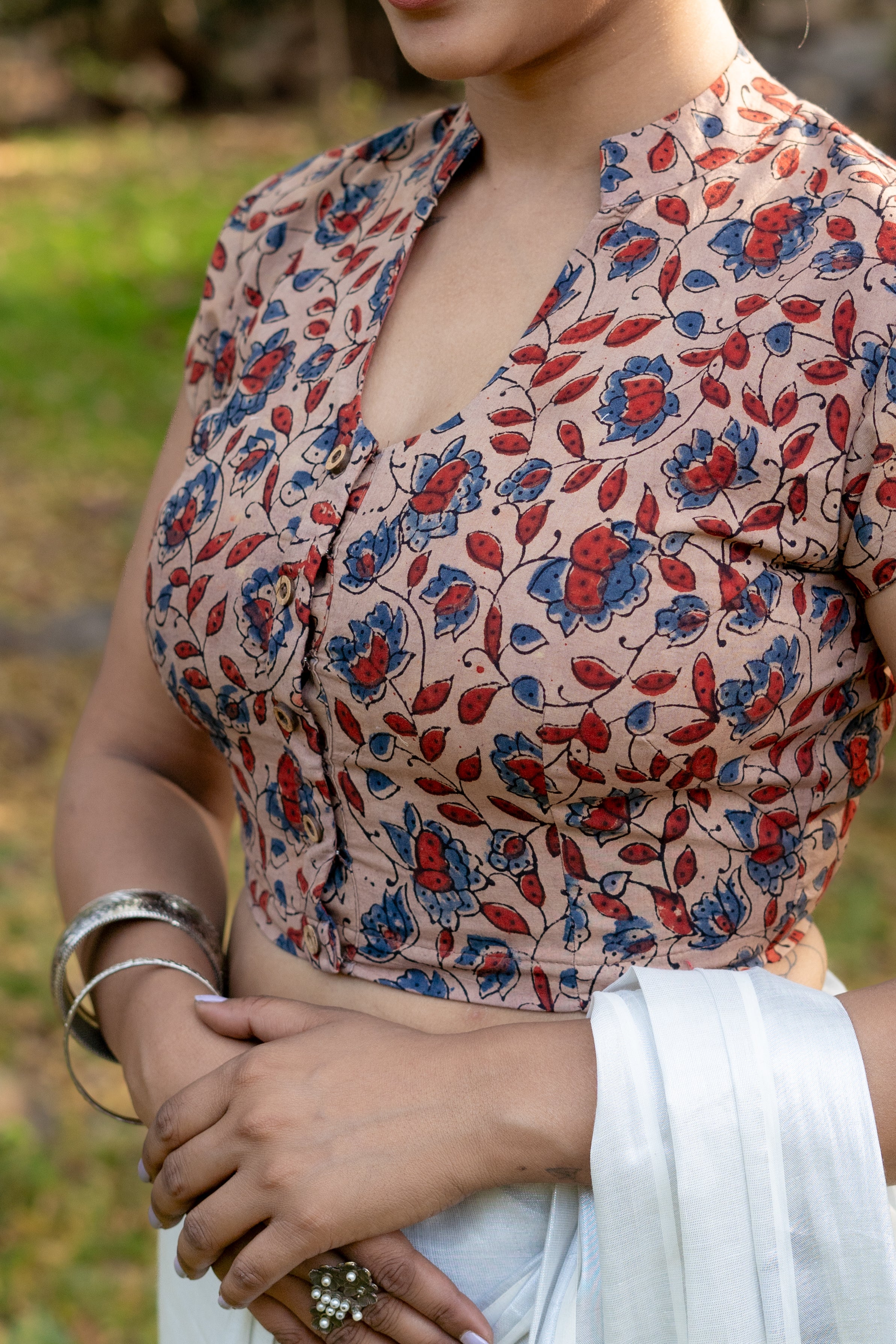 Off white ajrkah handblock print U neck cotton blouse with sleeves