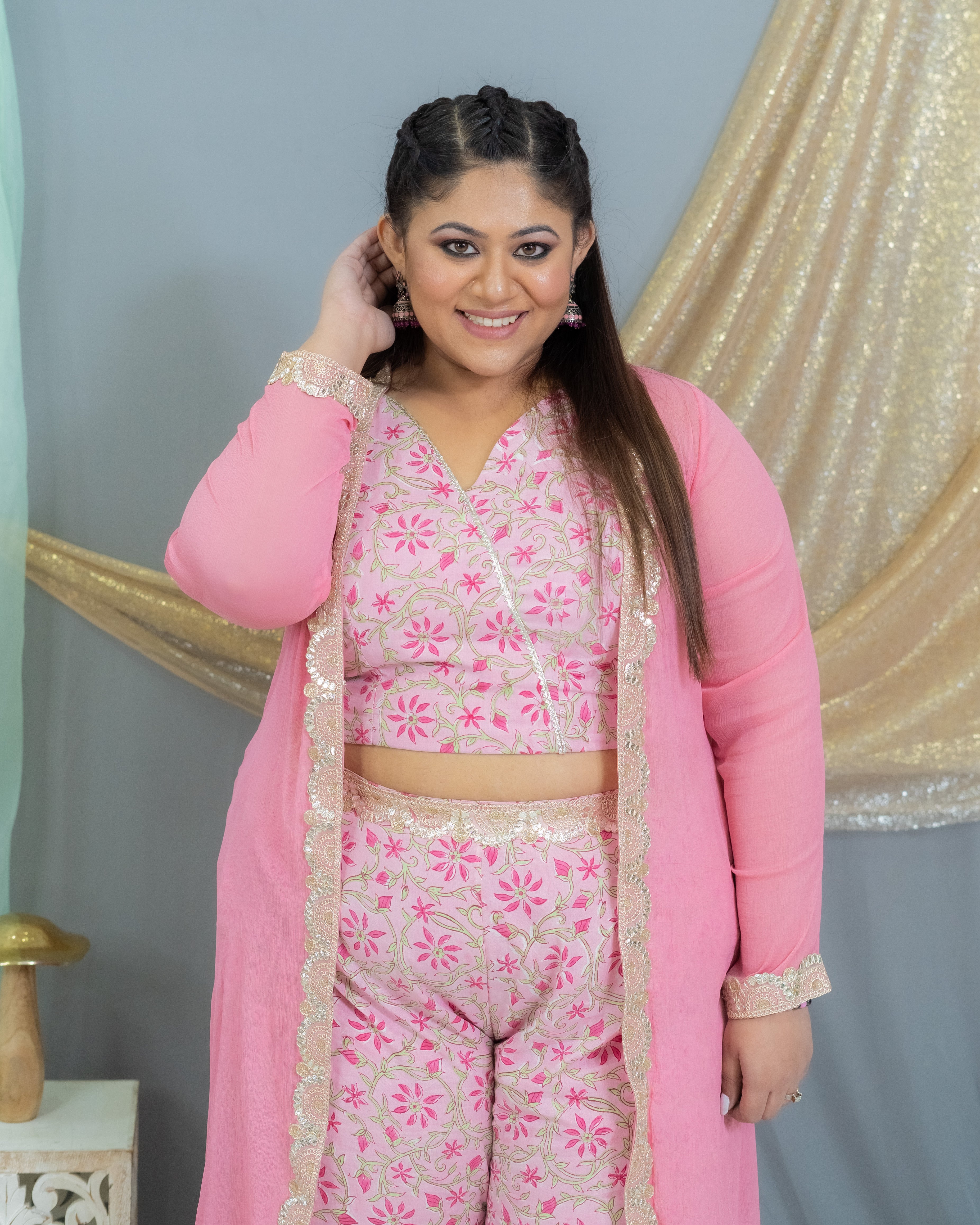 Pink Sanganeri Handblock Printed 3 piece sharara set