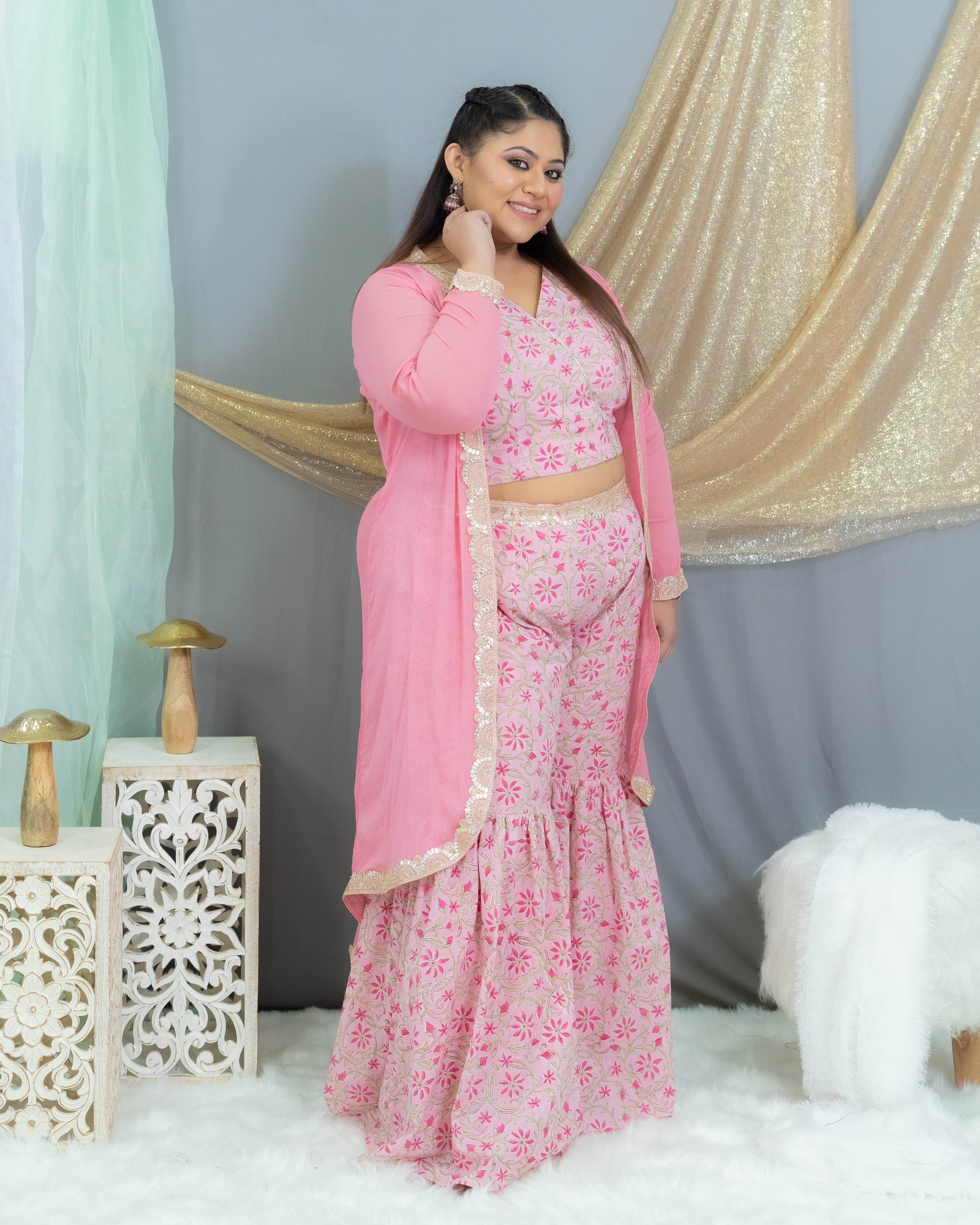 Pink Sanganeri Handblock Printed 3 piece sharara set