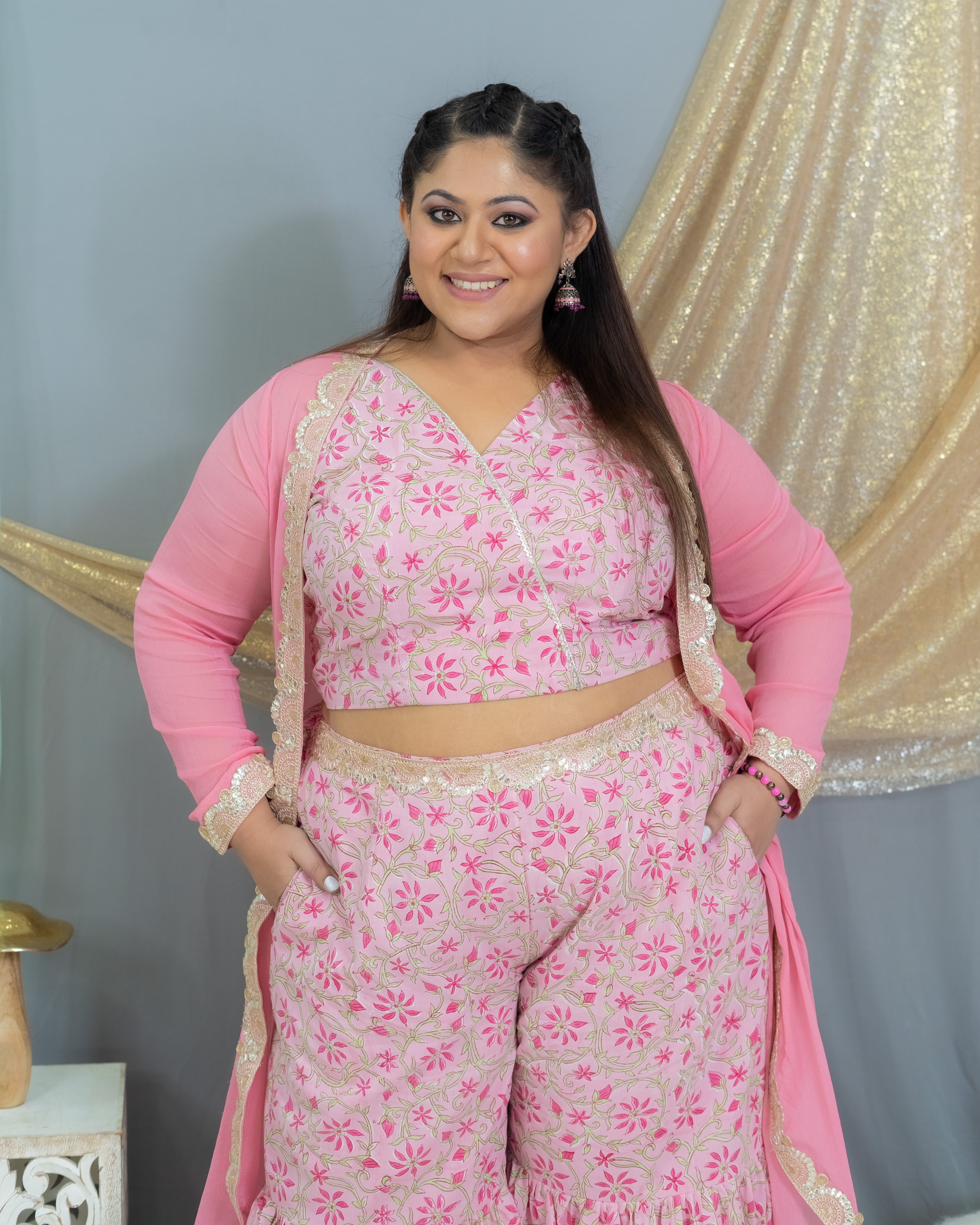 Pink Sanganeri Handblock Printed 3 piece sharara set