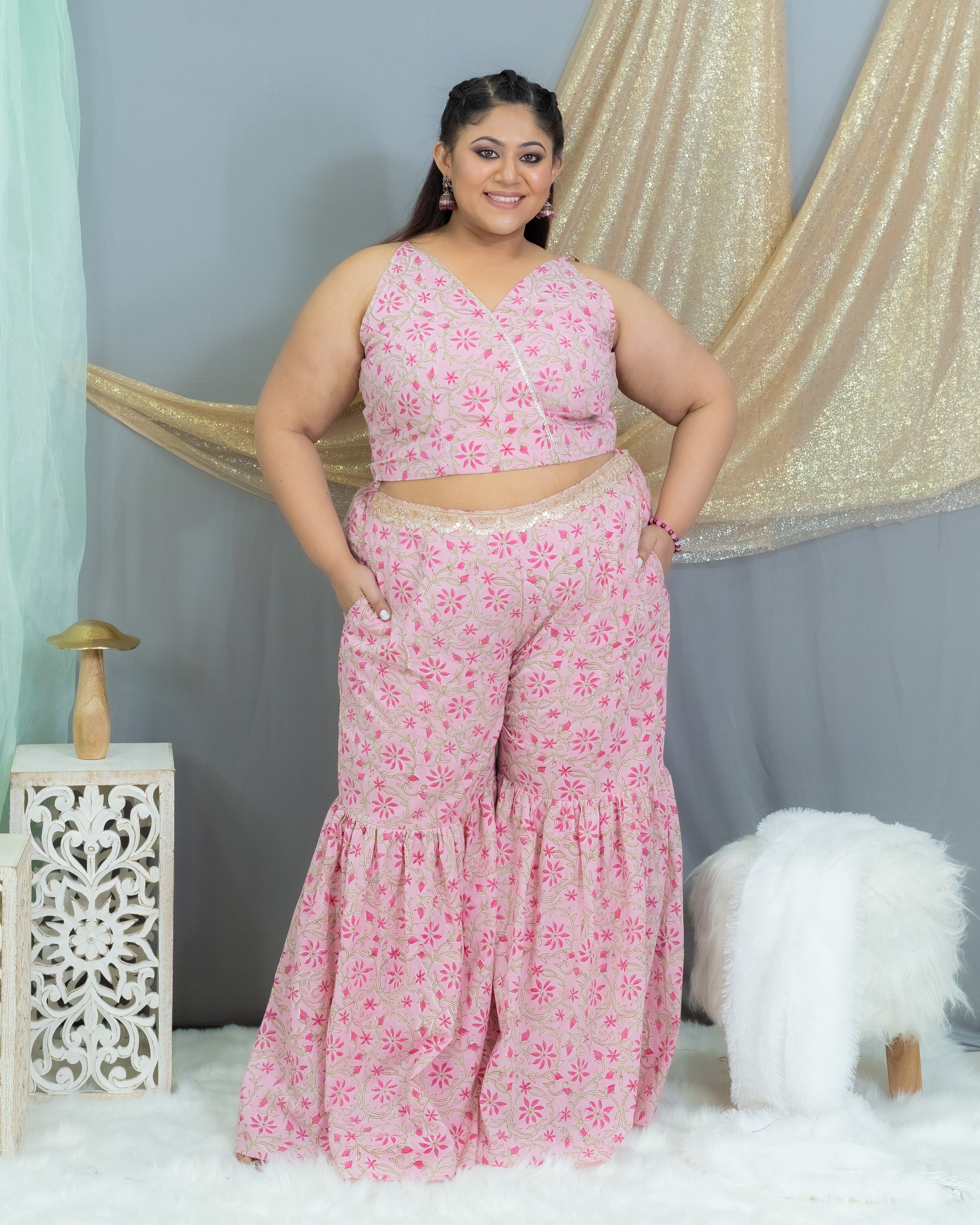 Pink Sanganeri Handblock Printed 3 piece sharara set