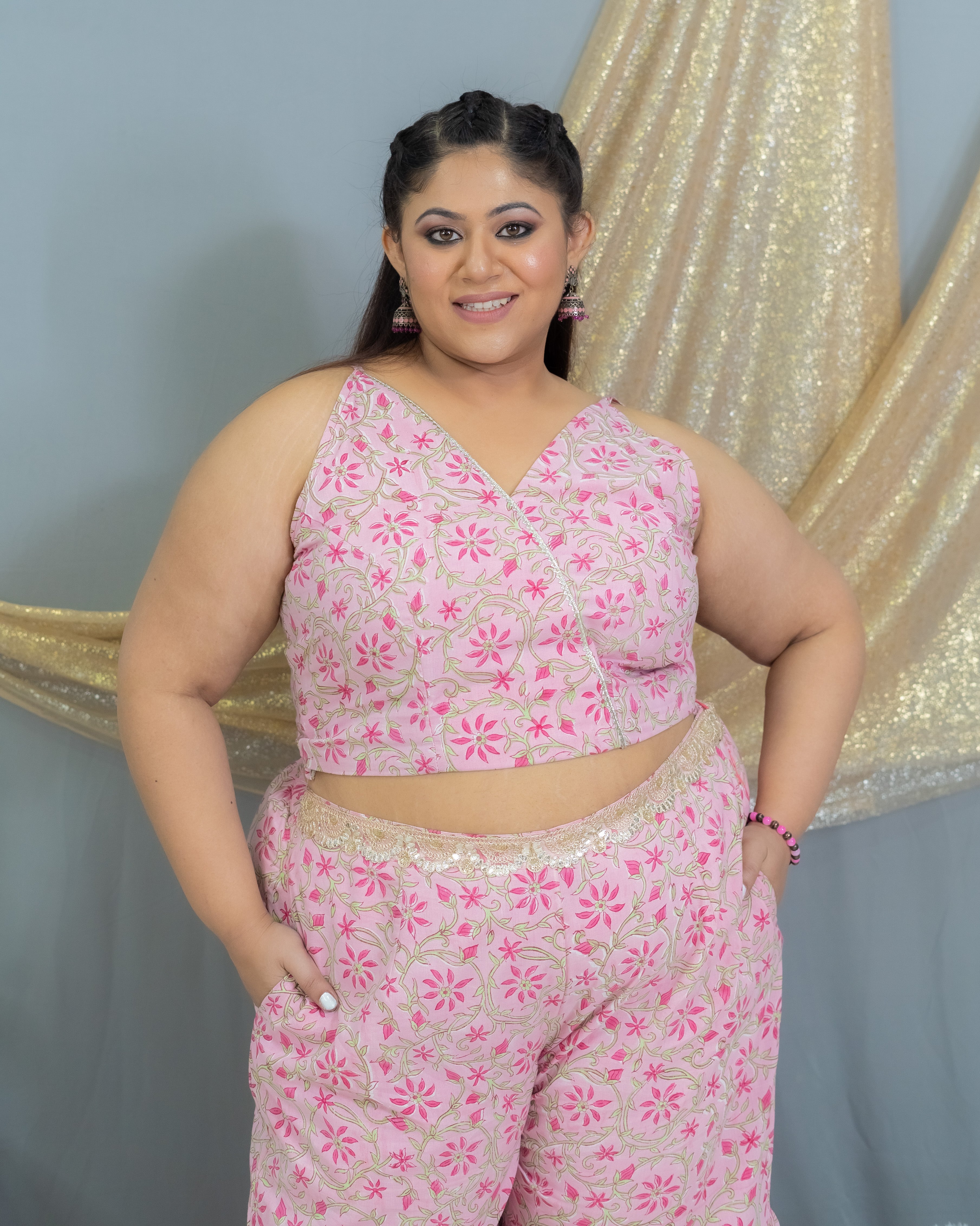 Pink Sanganeri Handblock Printed 3 piece sharara set