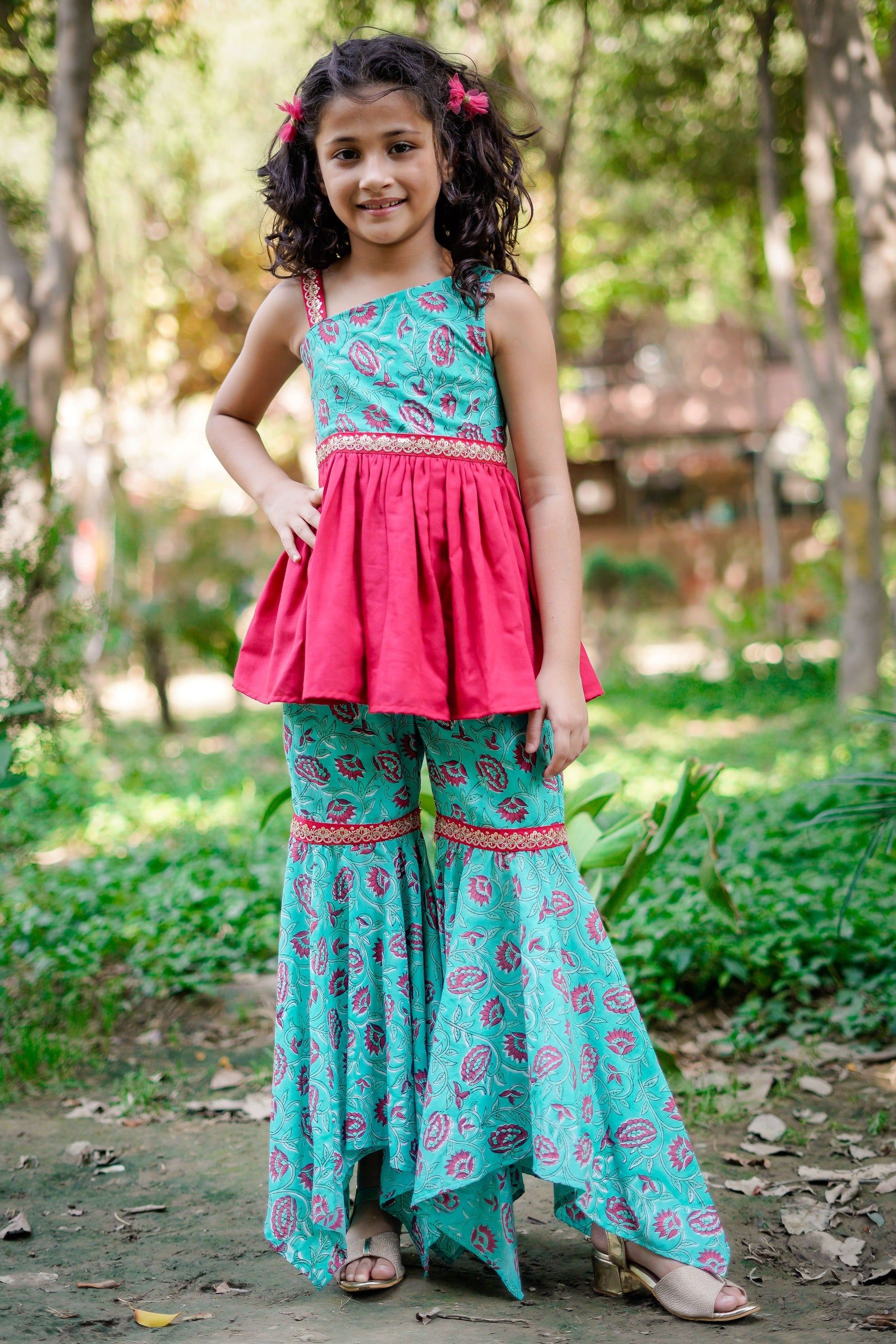 Blue & Dark Pink Sanganeri One Shoulder Peplum Top with Hankerchief Style Sharara