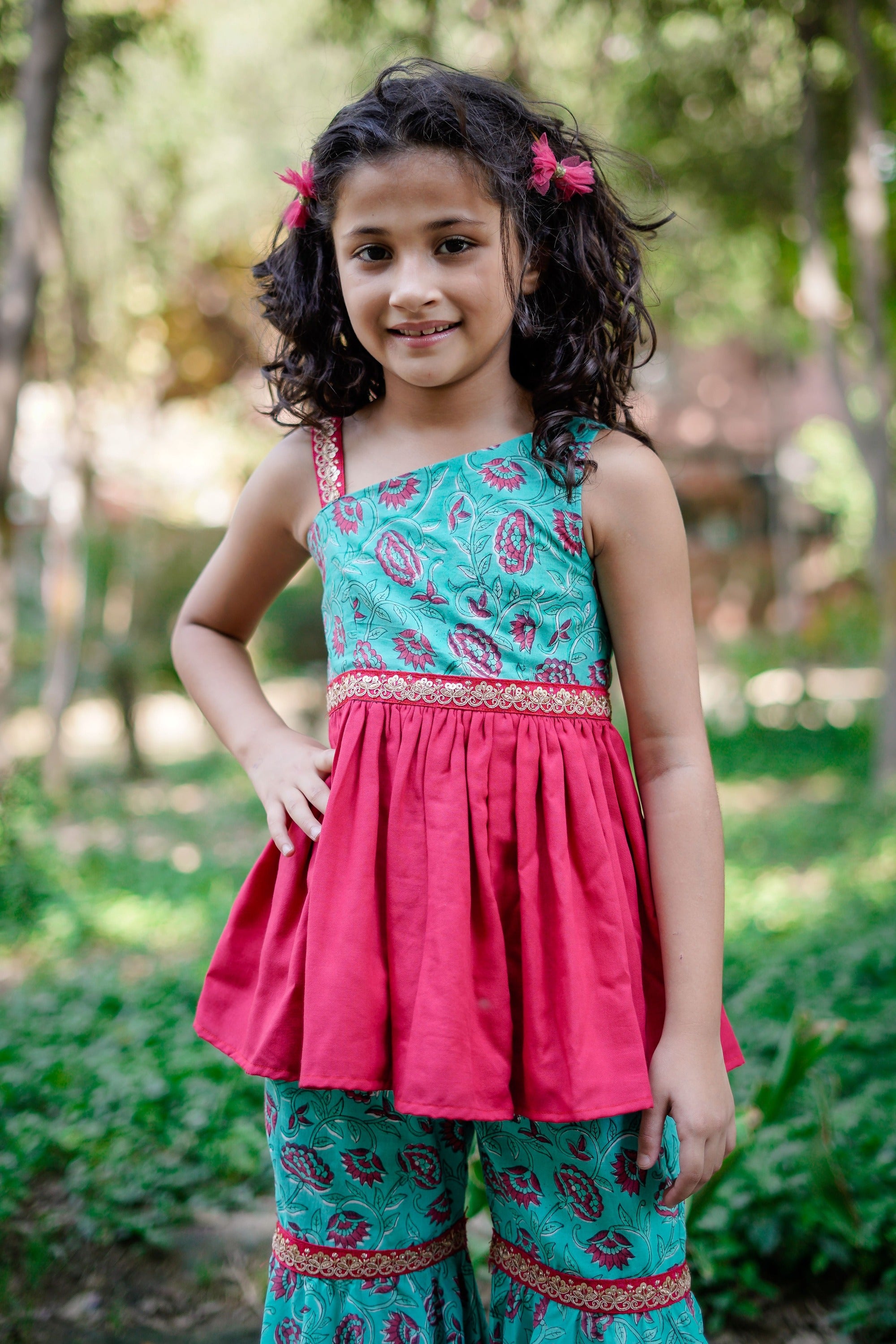 Blue & Dark Pink Sanganeri One Shoulder Peplum Top with Hankerchief Style Sharara