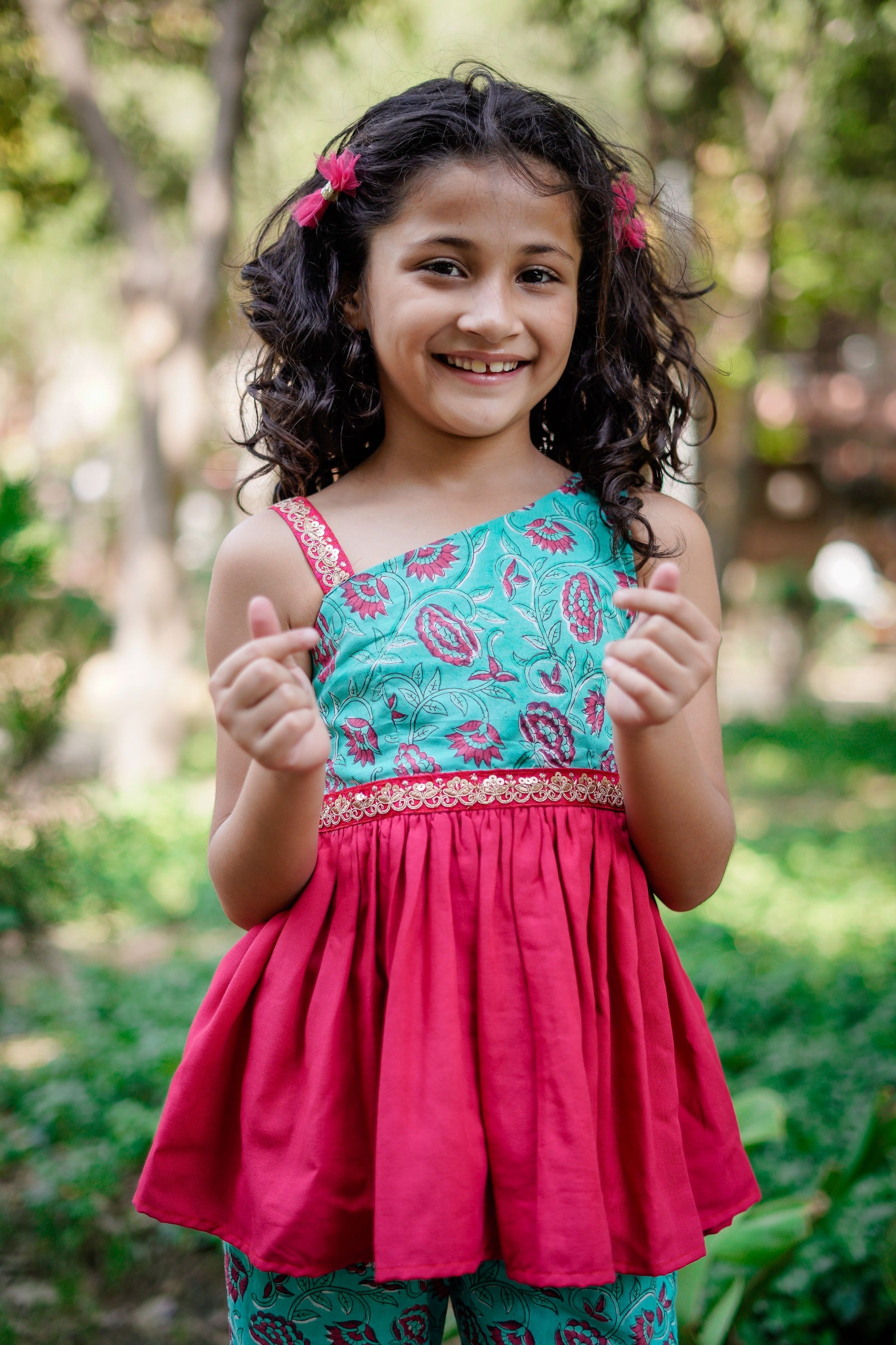 Blue & Dark Pink Sanganeri One Shoulder Peplum Top with Hankerchief Style Sharara