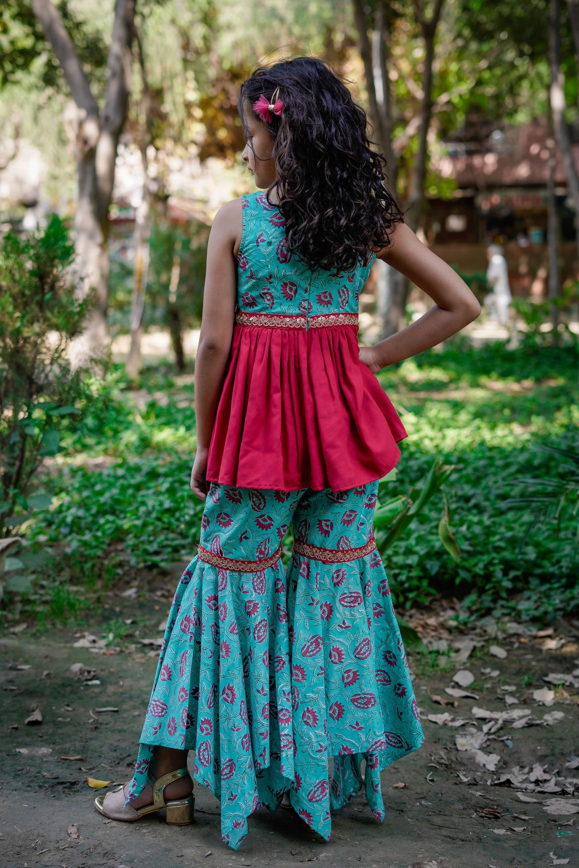 Blue & Dark Pink Sanganeri One Shoulder Peplum Top with Hankerchief Style Sharara