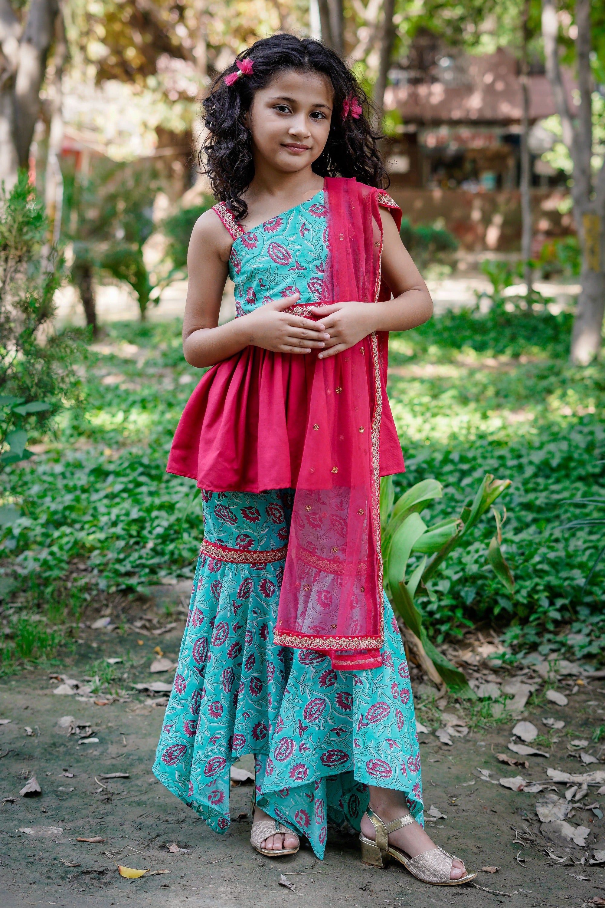 Blue & Dark Pink Sanganeri One Shoulder Peplum Top with Hankerchief Style Sharara