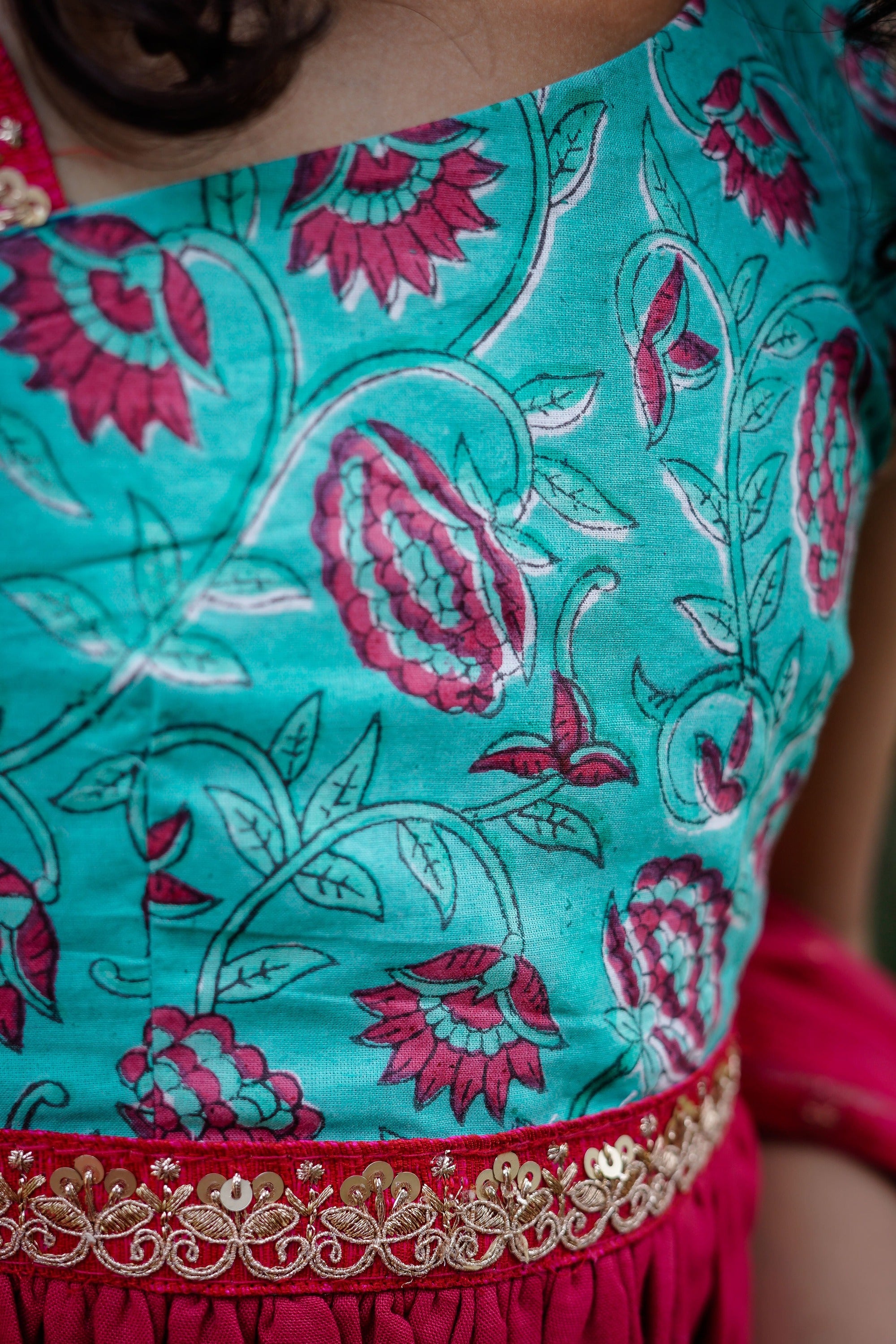 Blue & Dark Pink Sanganeri One Shoulder Peplum Top with Hankerchief Style Sharara