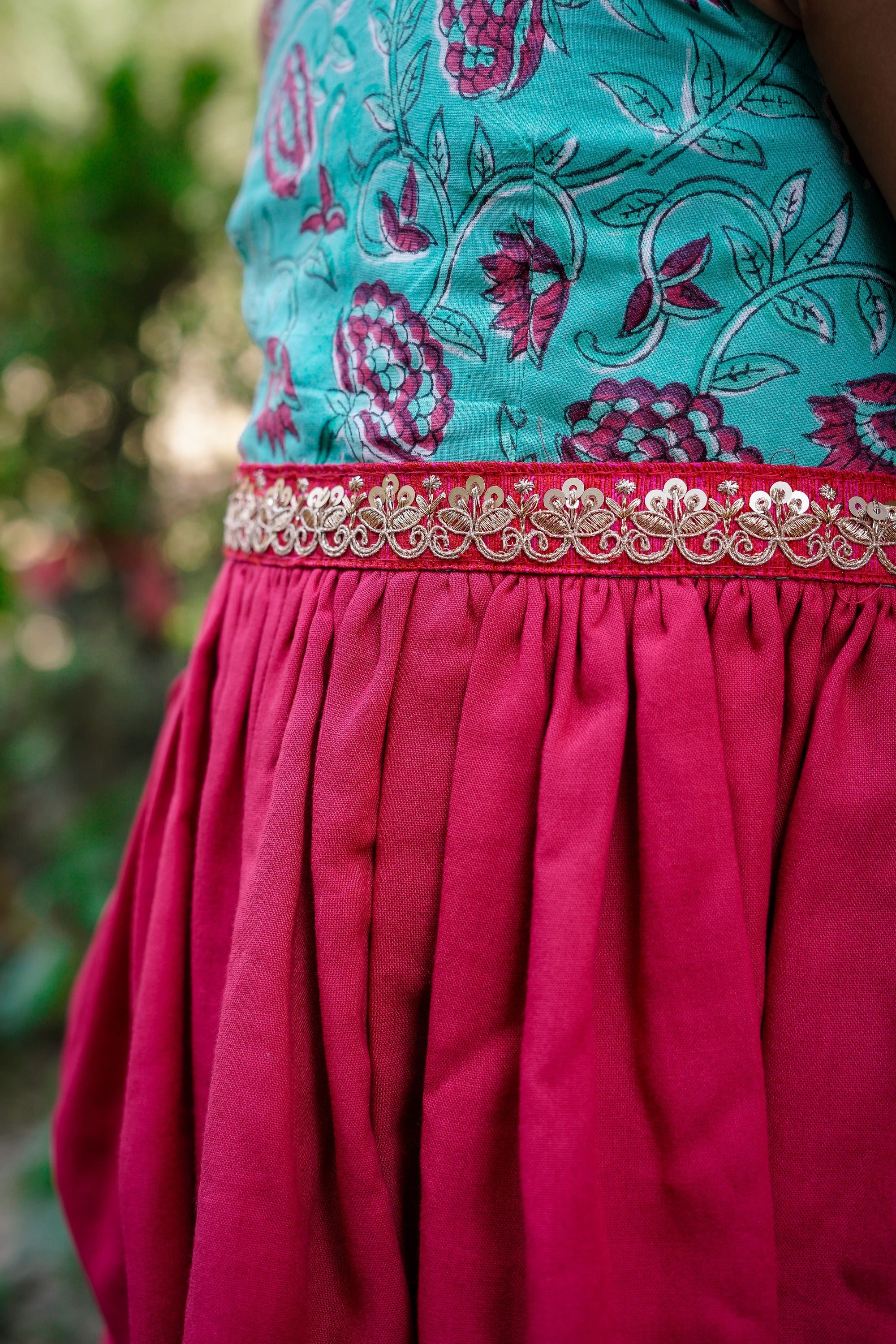 Blue & Dark Pink Sanganeri One Shoulder Peplum Top with Hankerchief Style Sharara