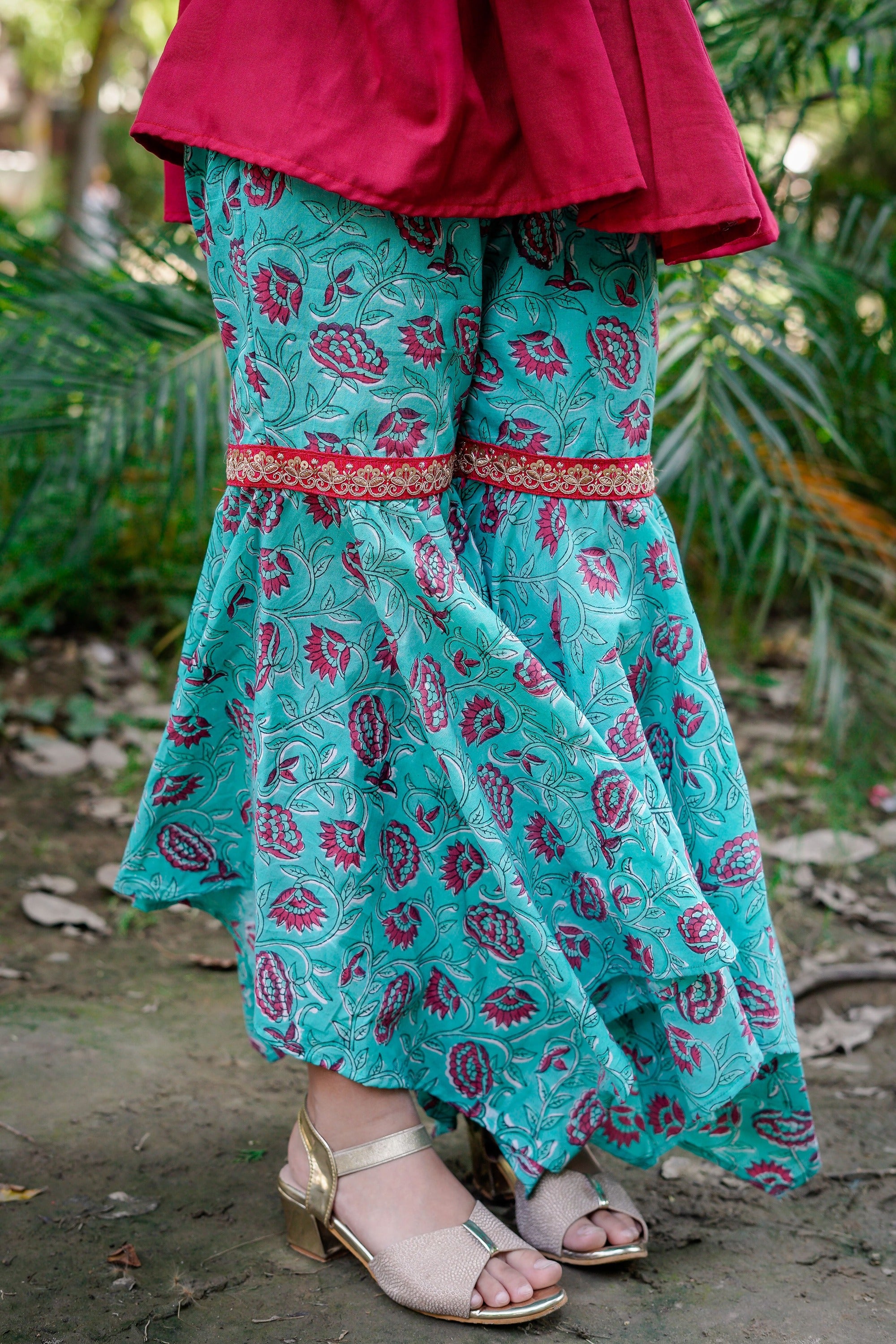 Blue & Dark Pink Sanganeri One Shoulder Peplum Top with Hankerchief Style Sharara