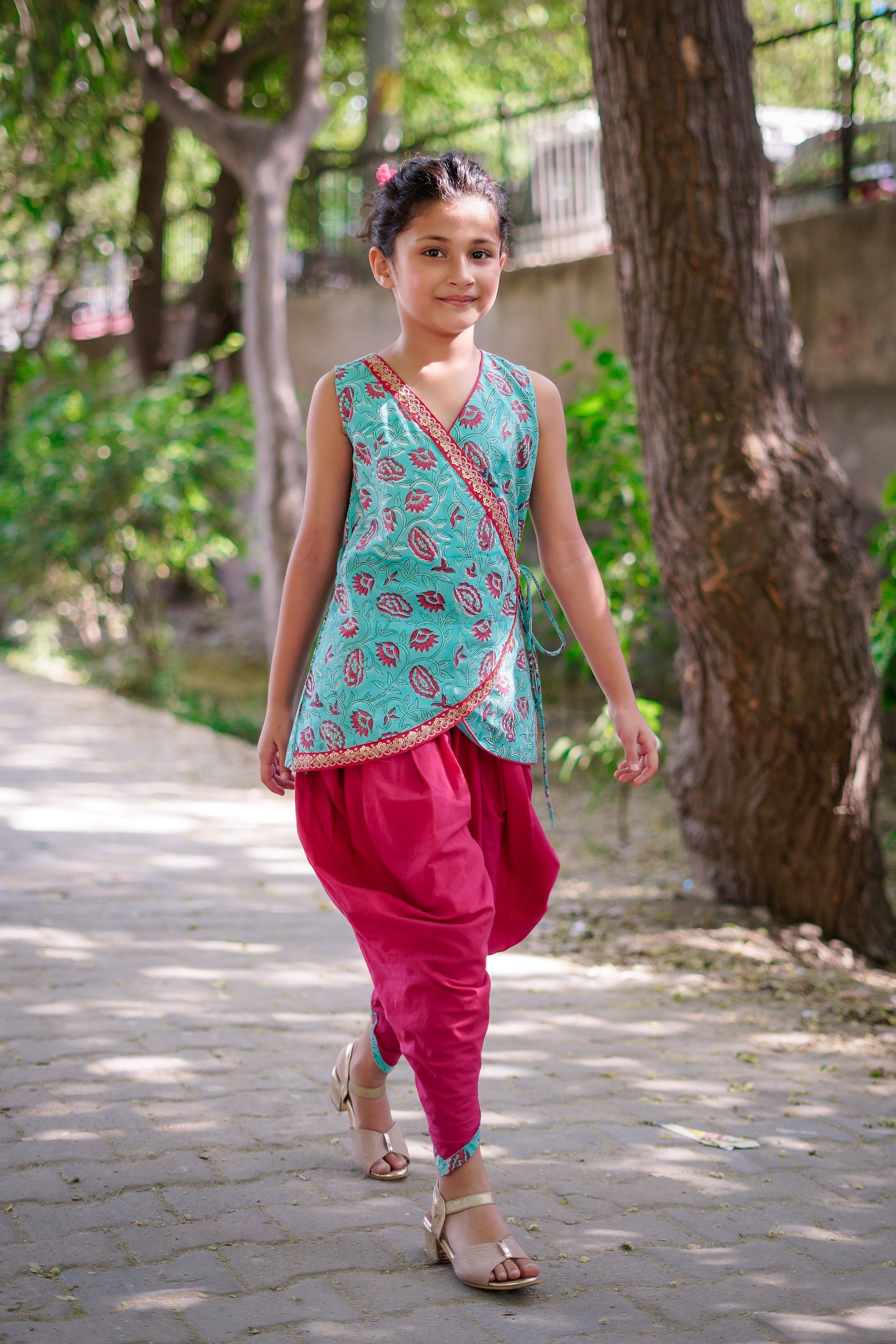 Blue & Dark Pink Floral Sanganeri Angrakha Cotton Dhoti Set