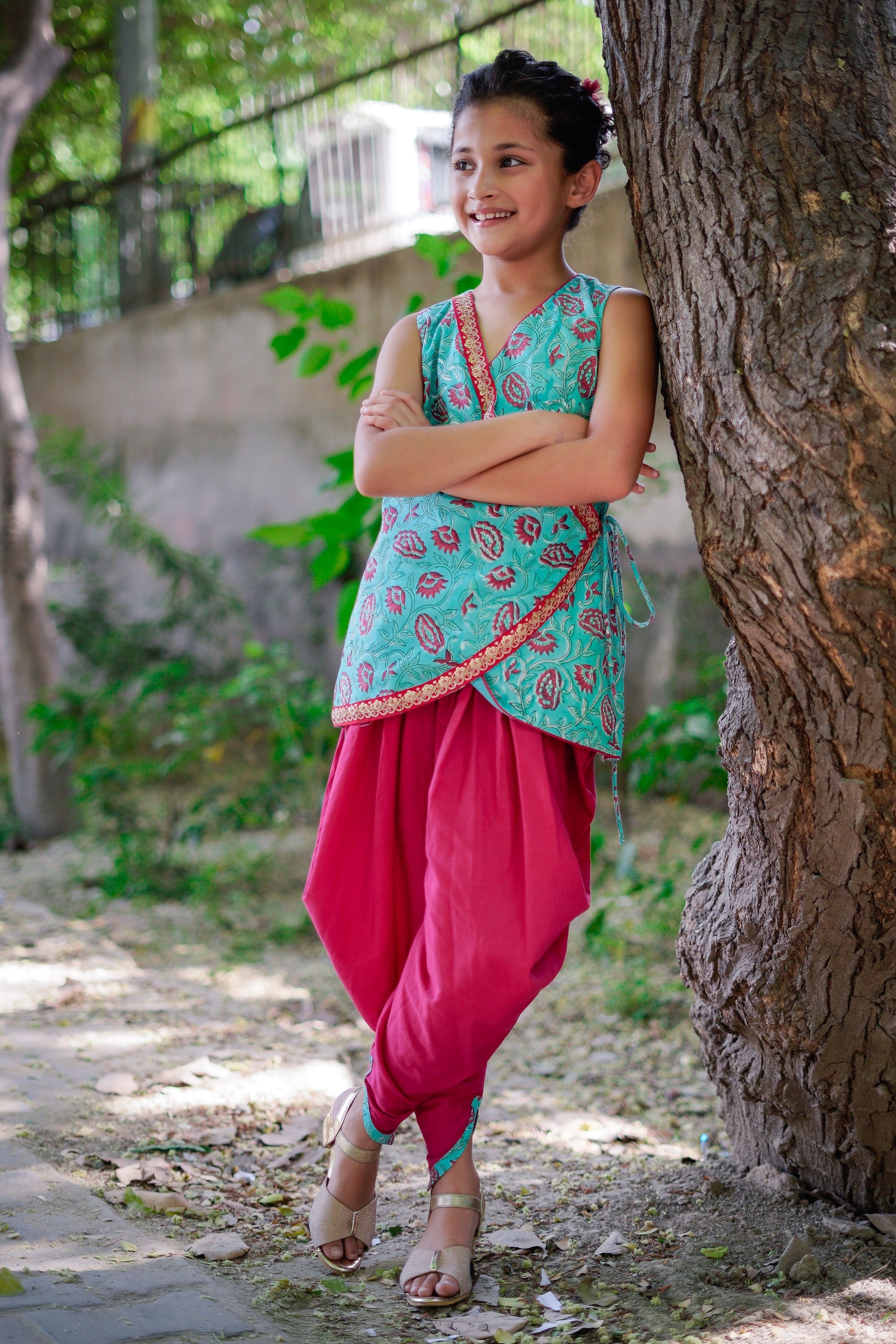 Blue & Dark Pink Floral Sanganeri Angrakha Cotton Dhoti Set