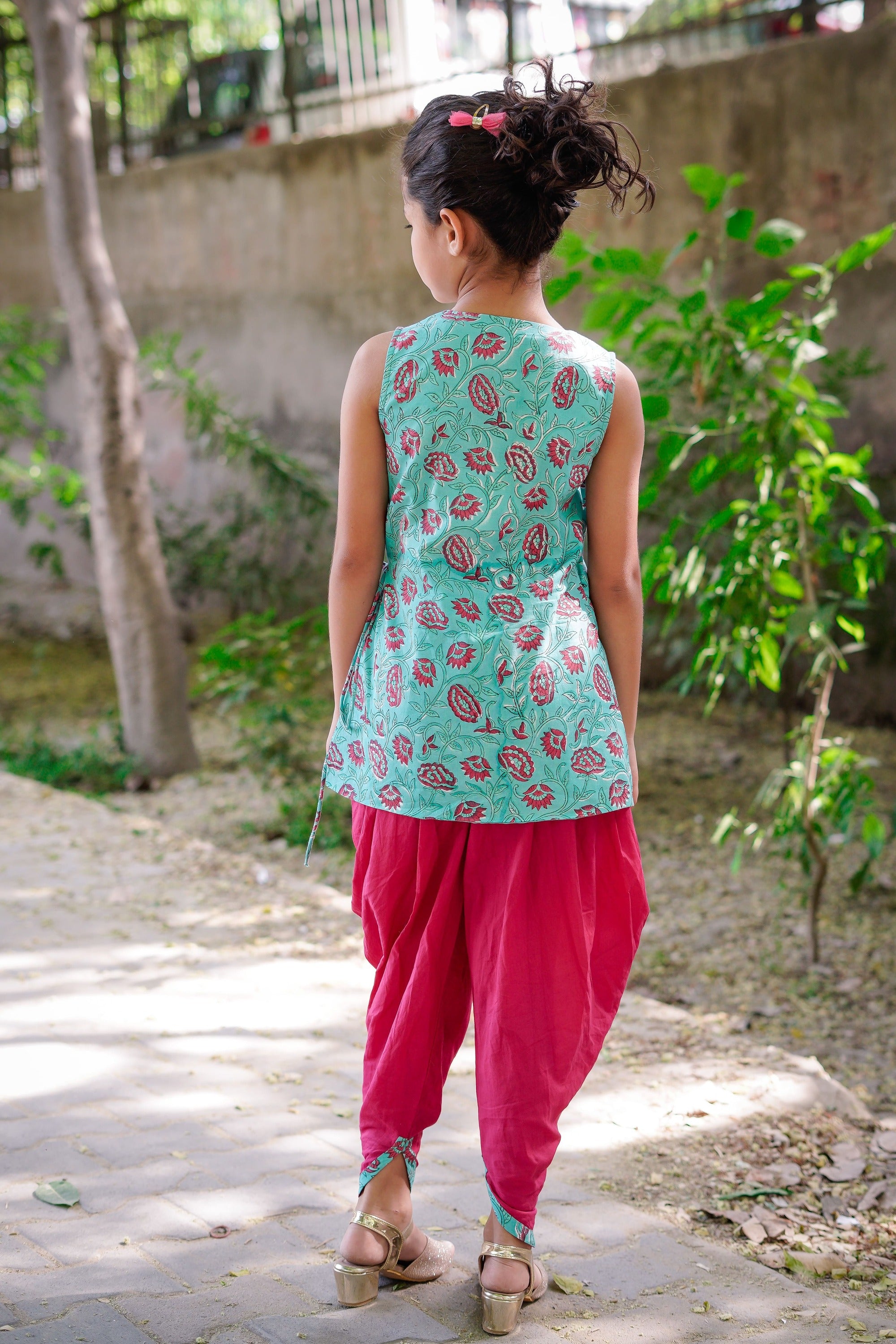 Blue & Dark Pink Floral Sanganeri Angrakha Cotton Dhoti Set