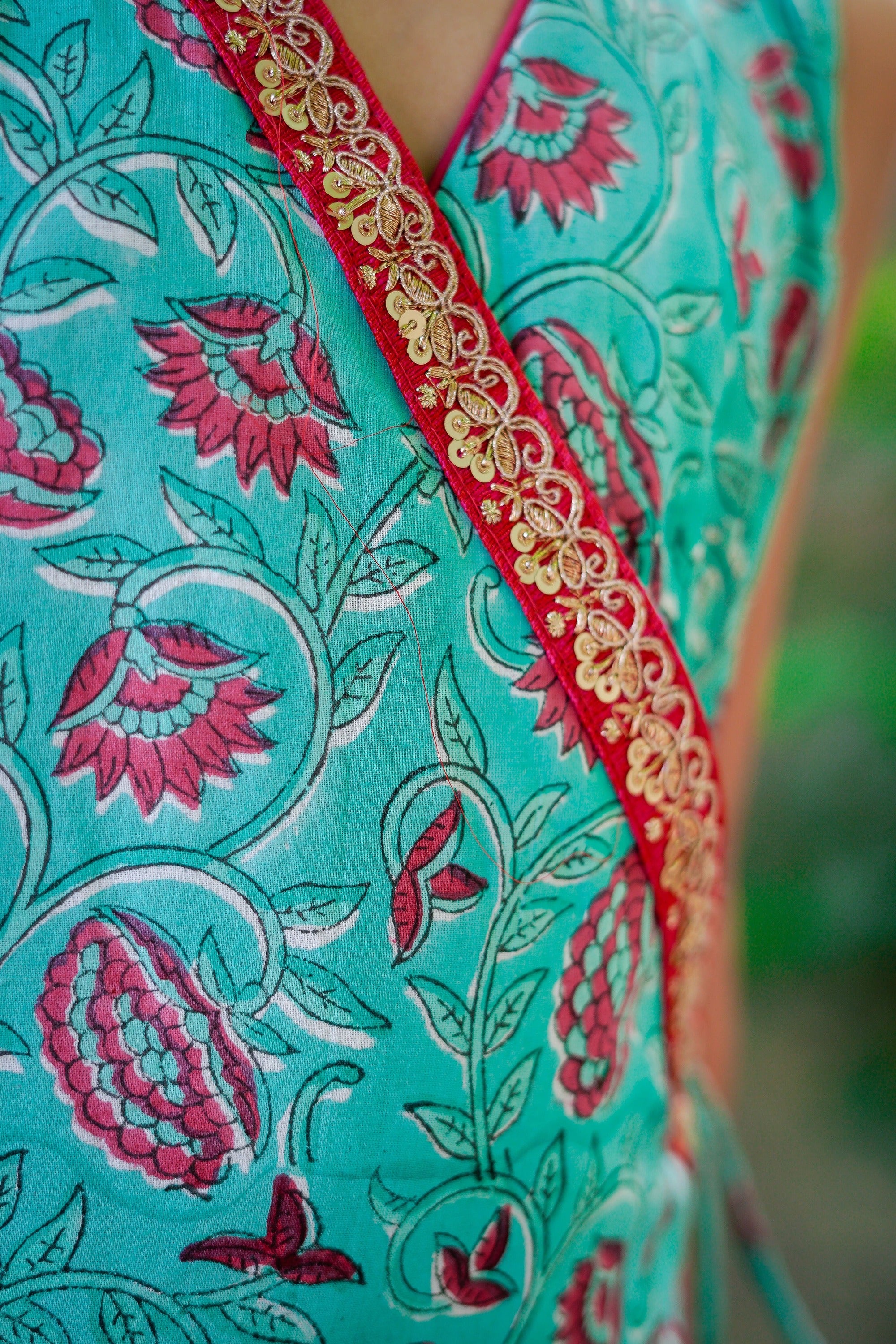 Blue & Dark Pink Floral Sanganeri Angrakha Cotton Dhoti Set
