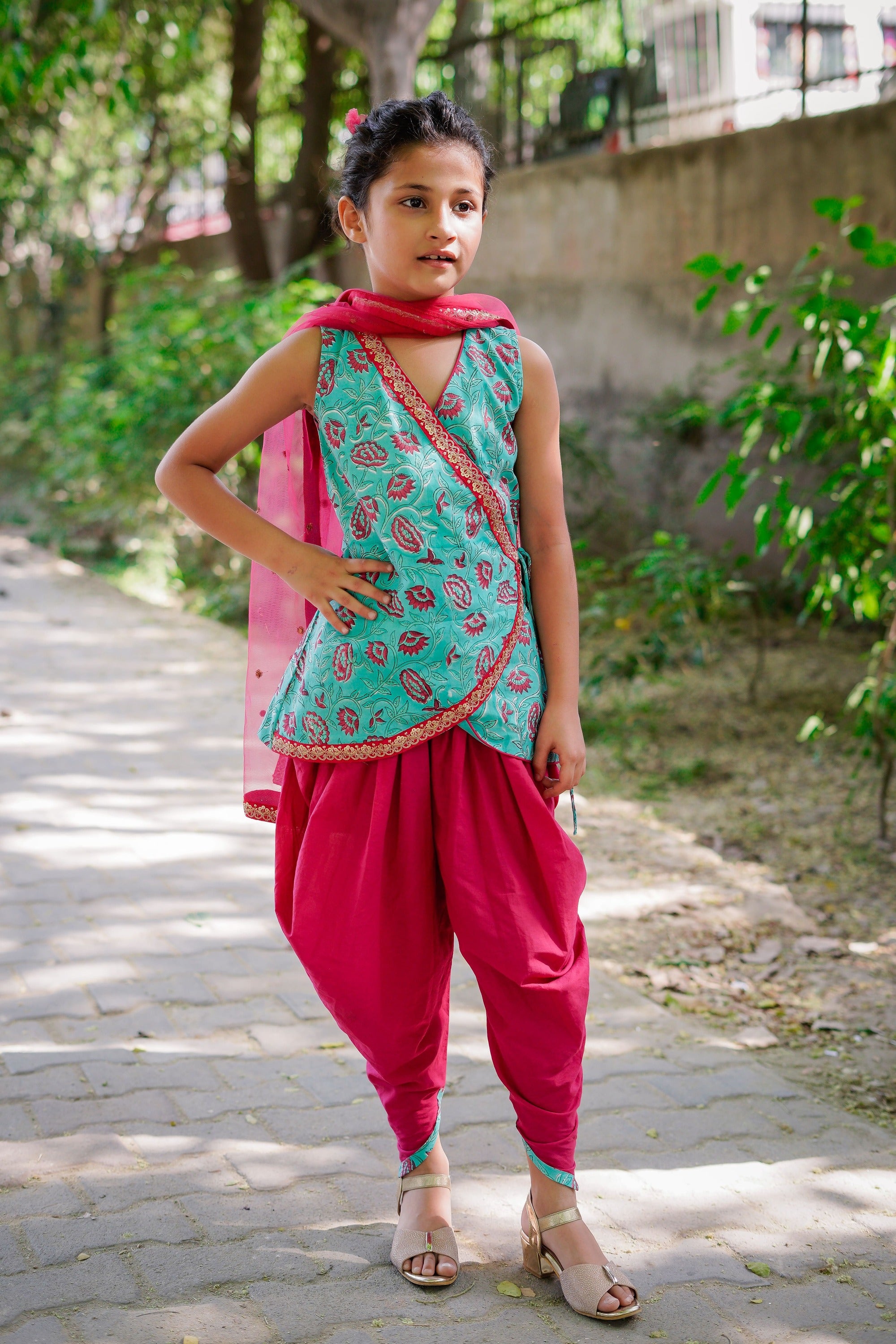 Blue & Dark Pink Floral Sanganeri Angrakha Cotton Dhoti Set