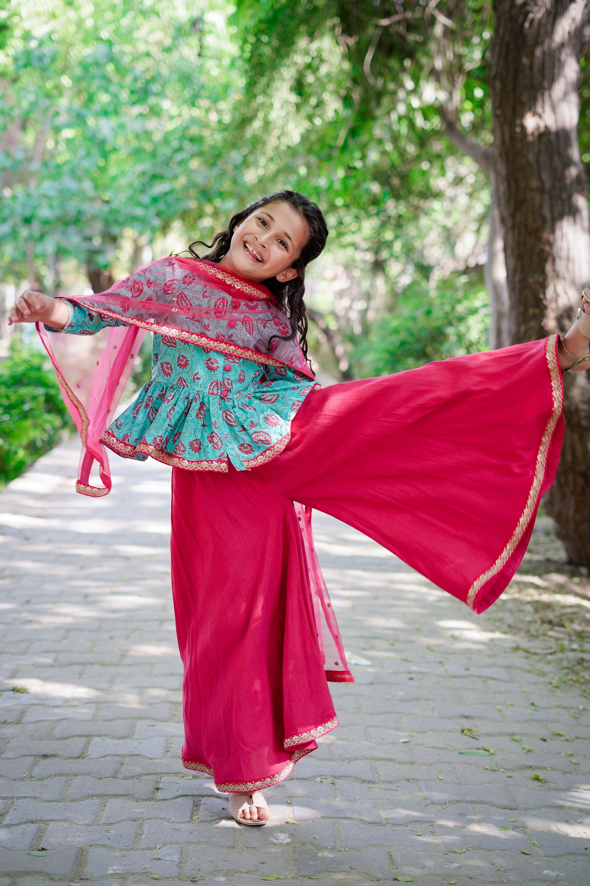 Blue & Dark Pink Sanganeri Peplum Top with Dark Pink Sharara Set