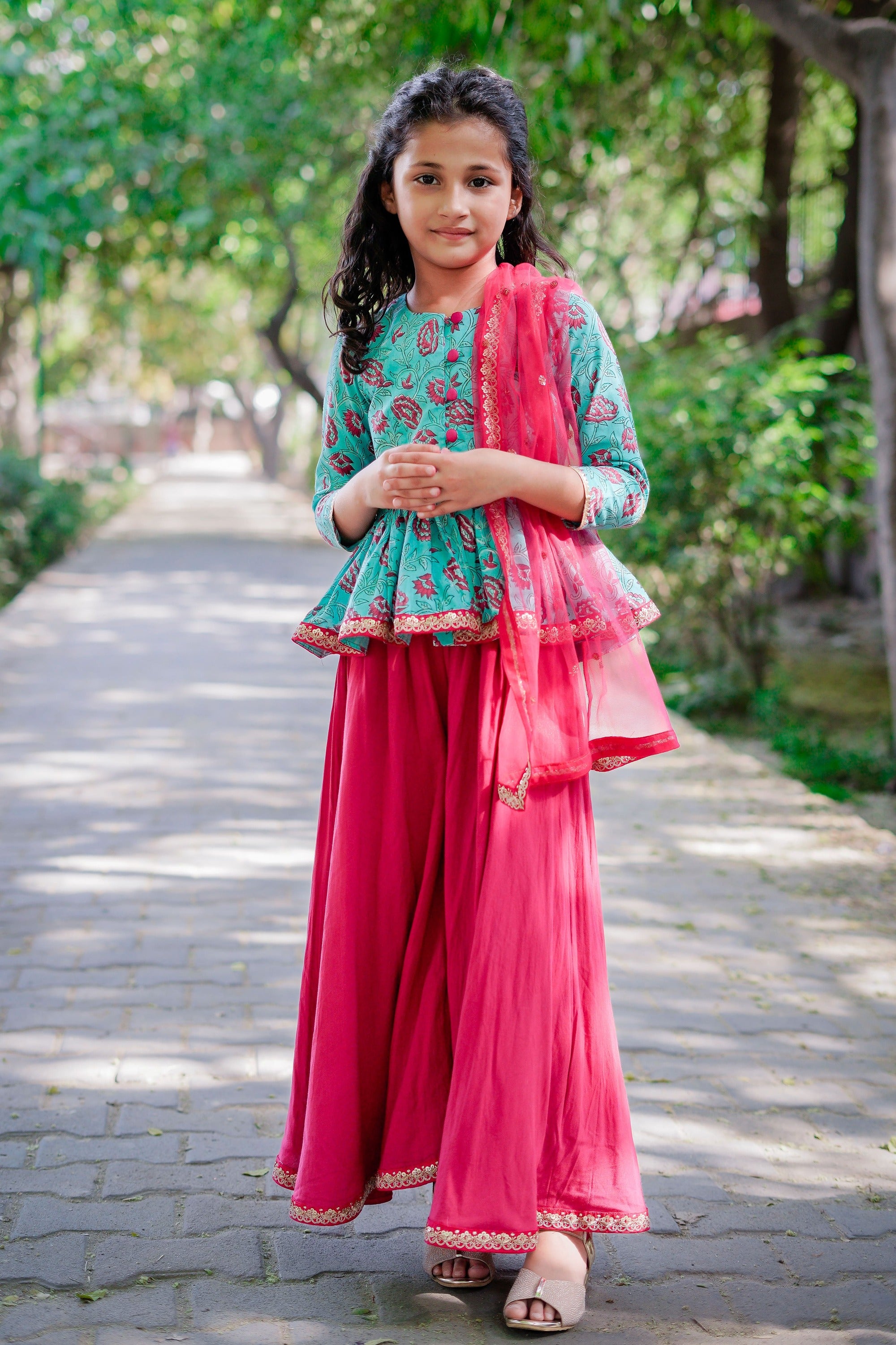 Blue & Dark Pink Sanganeri Peplum Top with Dark Pink Sharara Set